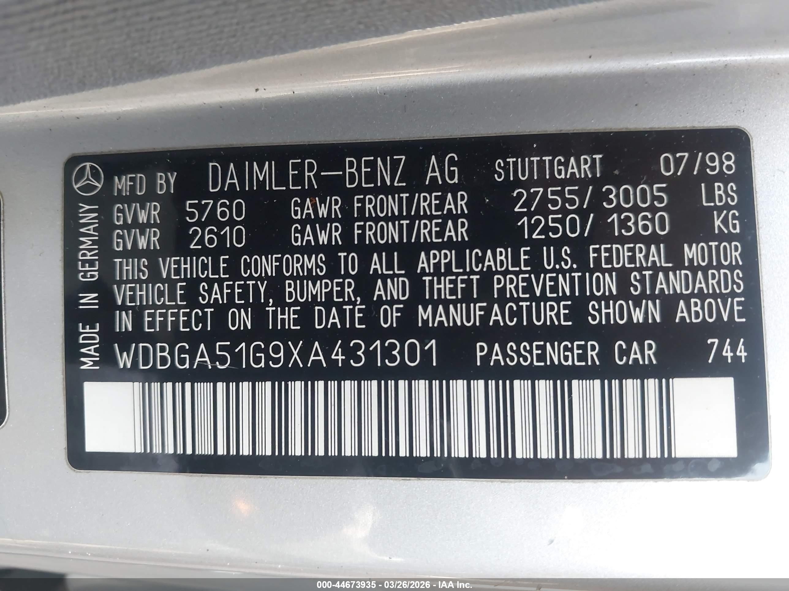 1999 Mercedes-benz S 500   Silver vin: WDBGA51G9XA431301