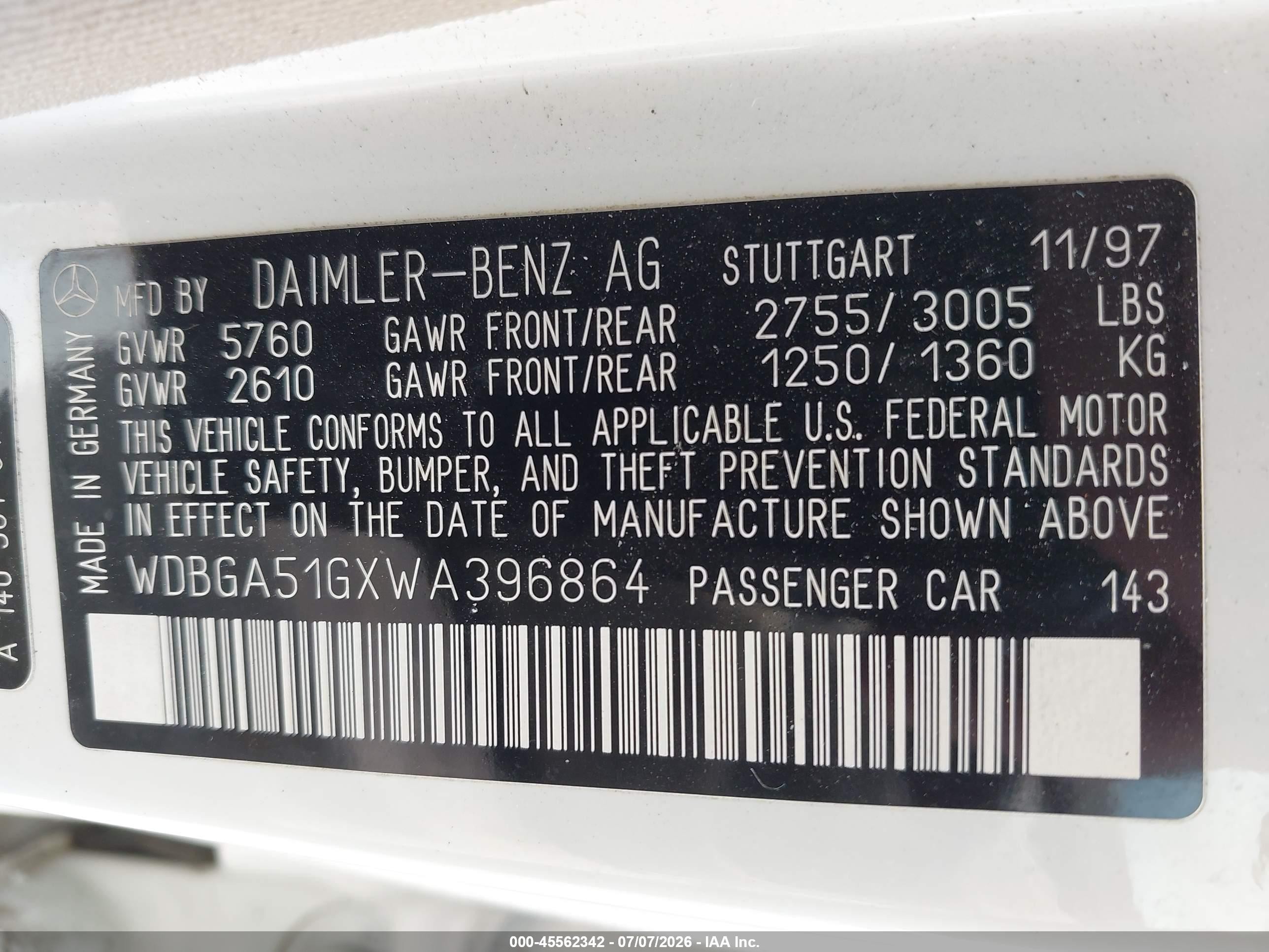 1998 Mercedes-benz S 500   White vin: WDBGA51GXWA396864