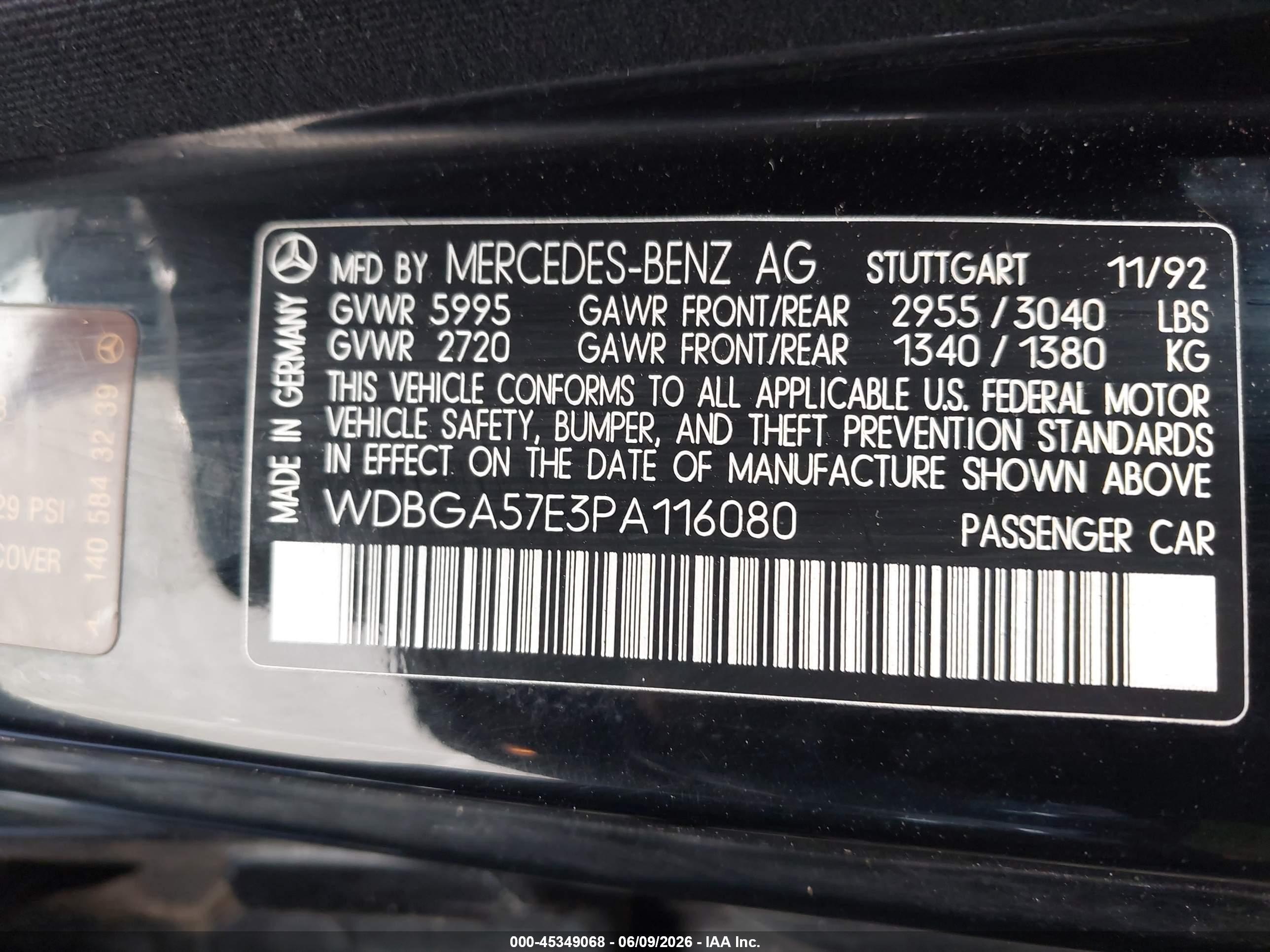 1993 Mercedes-benz 600 Sel Черный vin: WDBGA57E3PA116080