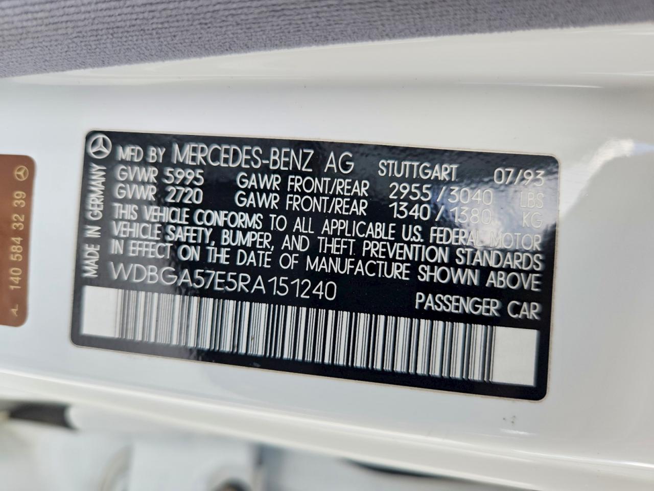 1994 Mercedes-benz S 600 White vin: WDBGA57E5RA151240