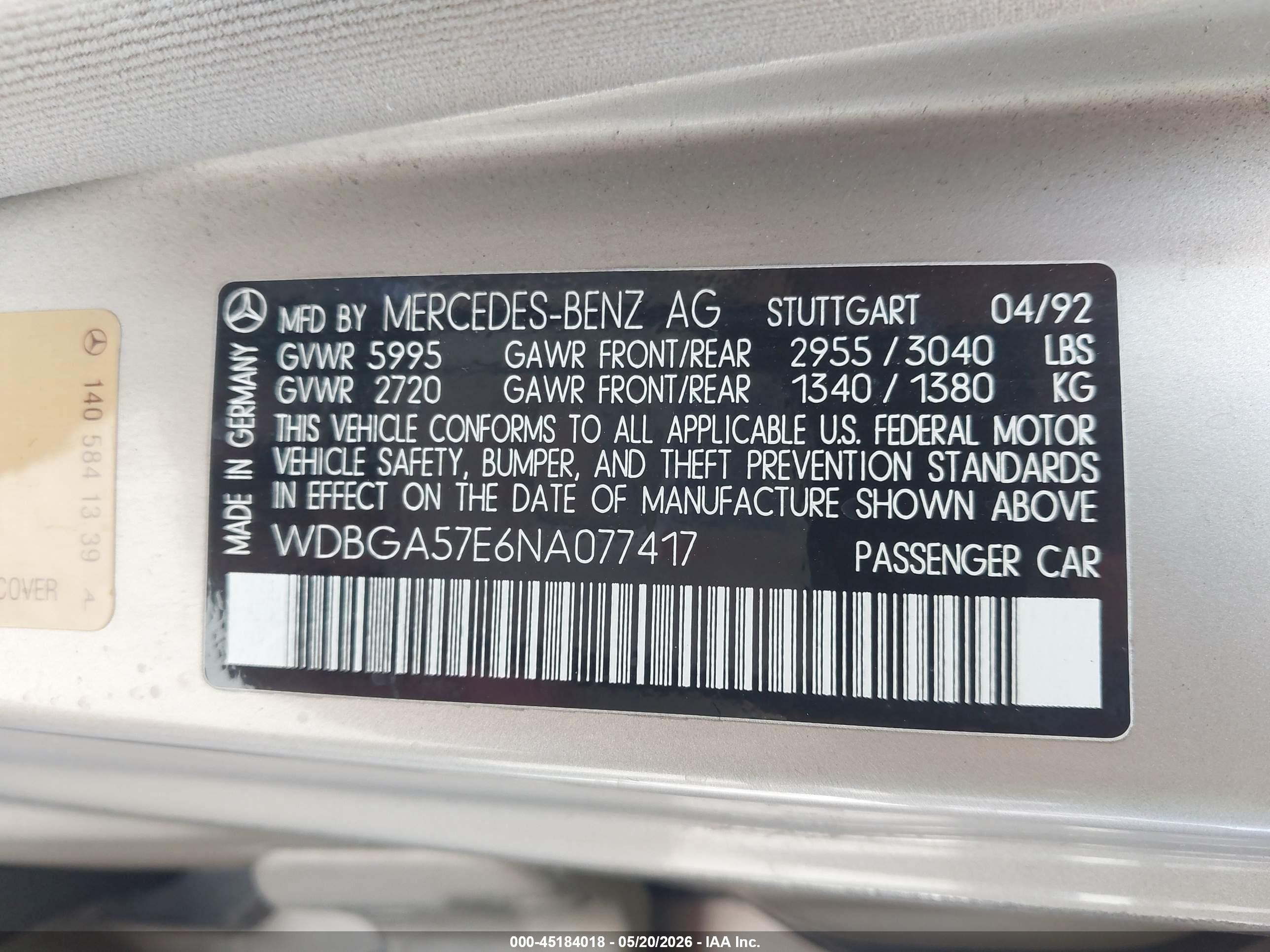 1992 Mercedes-benz 600 Sel Gold vin: WDBGA57E6NA077417