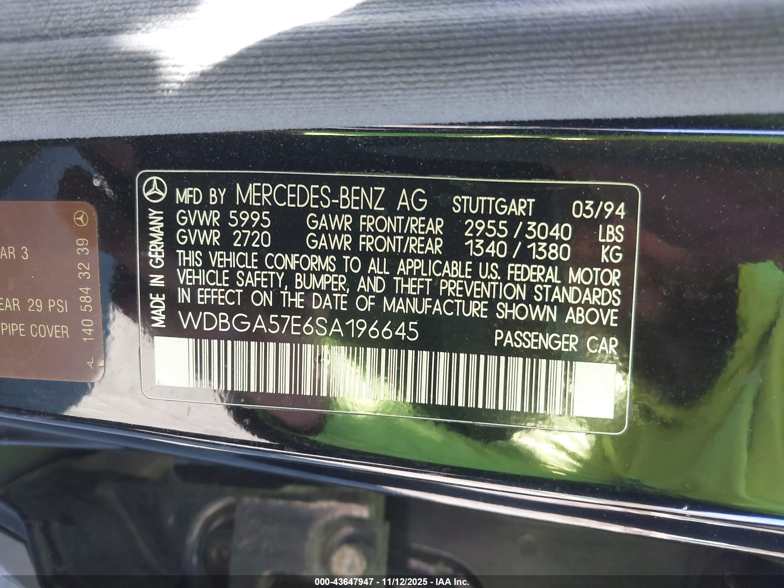 1995 Mercedes-benz S 600 Black vin: WDBGA57E6SA196645