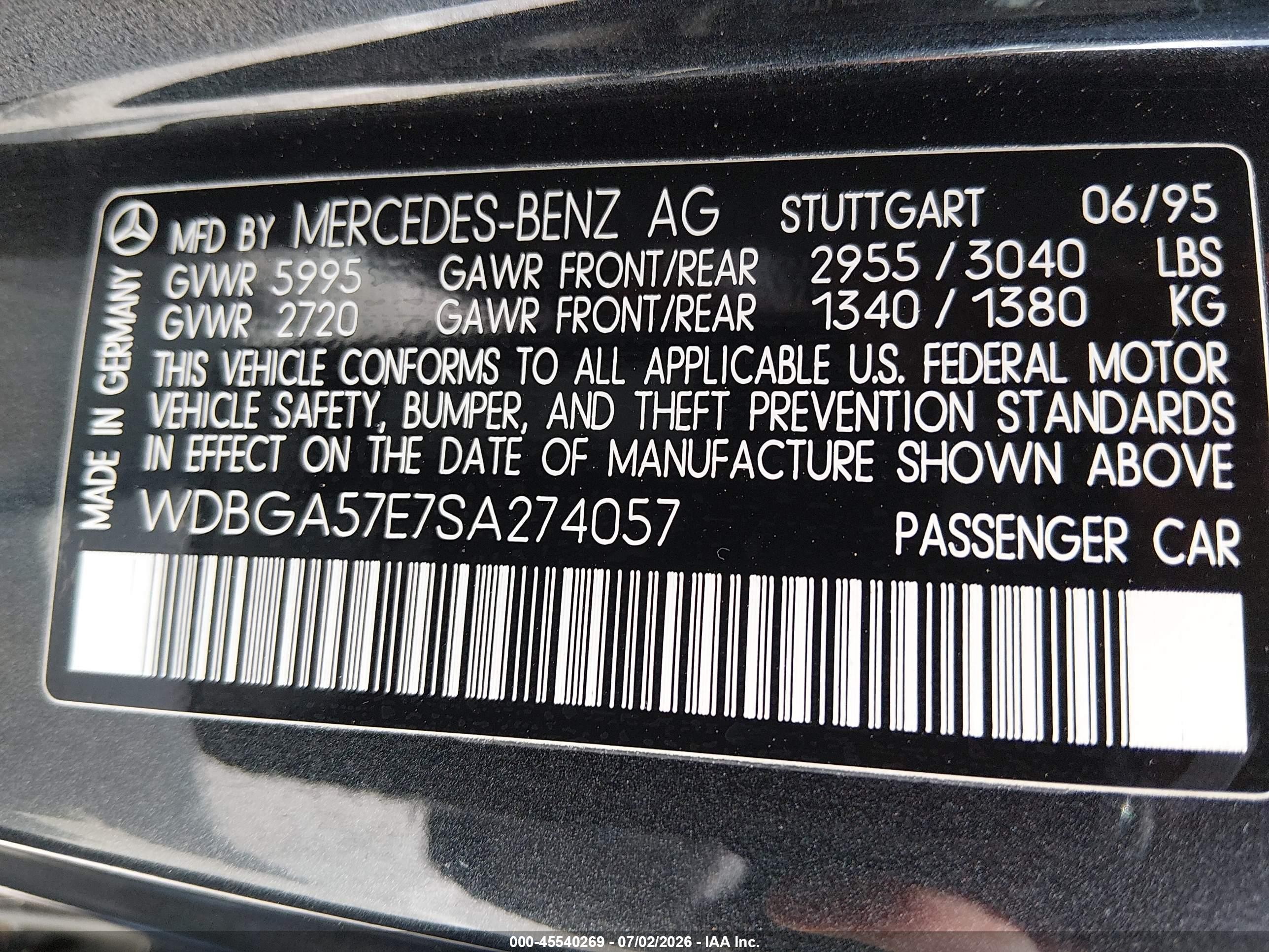 1995 Mercedes-benz S 600 Black vin: WDBGA57E7SA274057