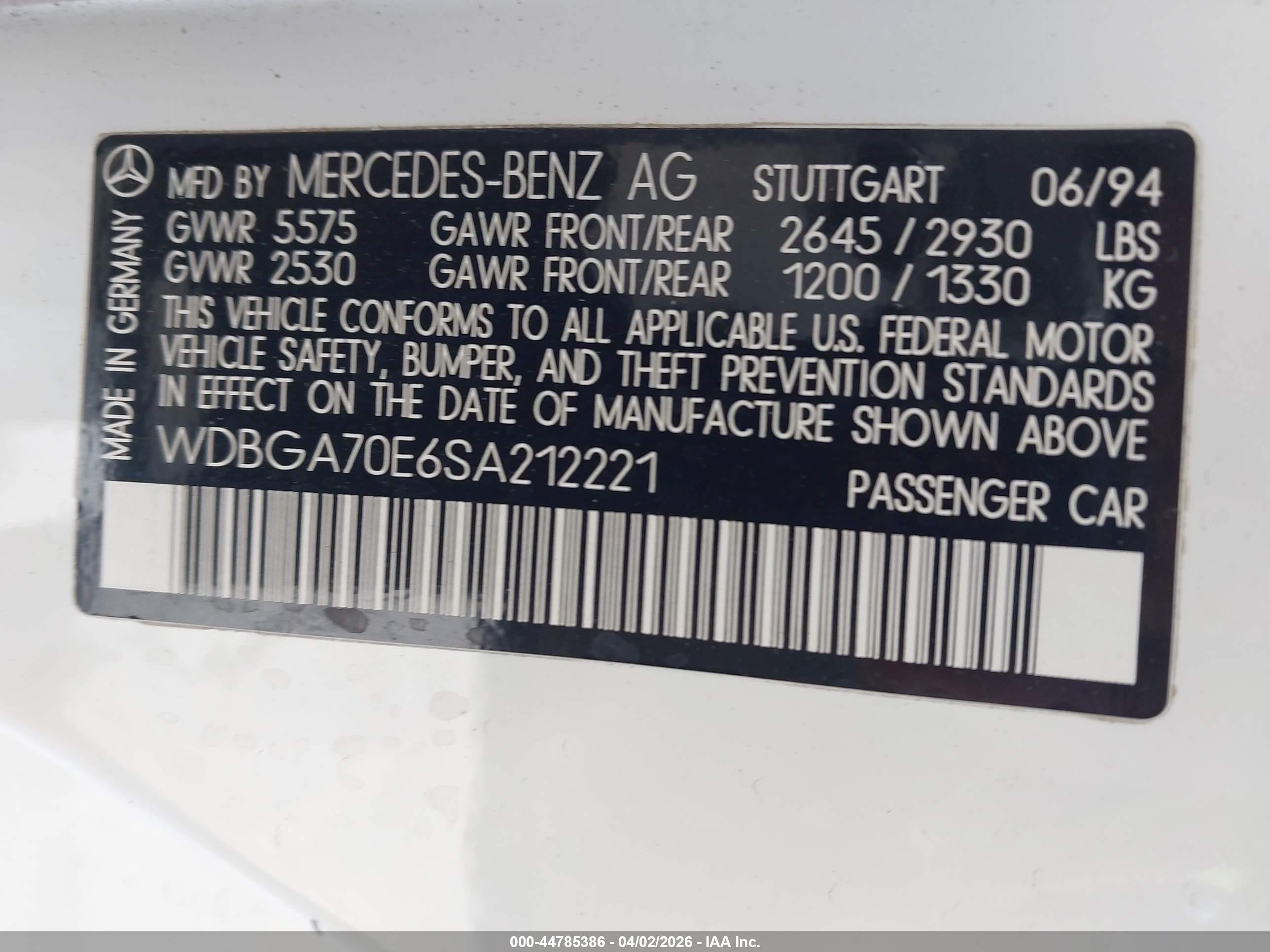 1995 Mercedes-benz S 500 White vin: WDBGA70E6SA212221