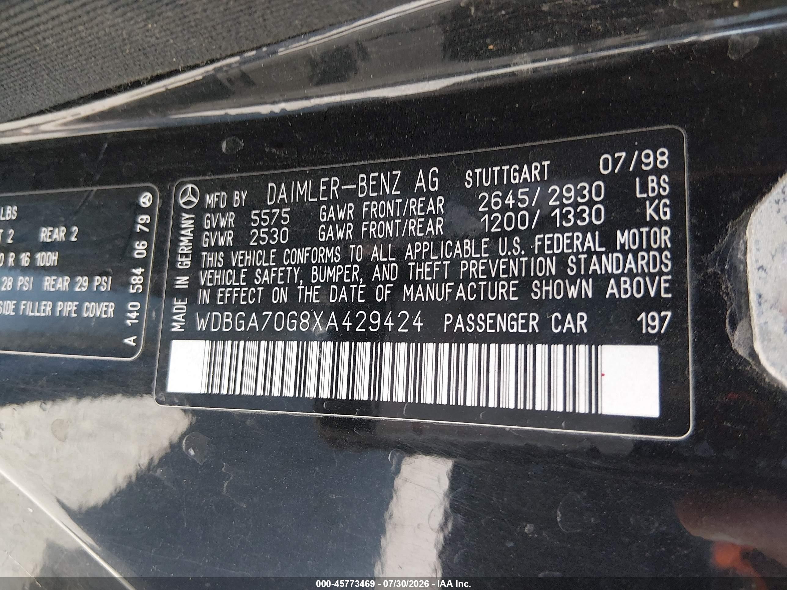 1999 Mercedes-benz Cl 500   Black vin: WDBGA70G8XA429424