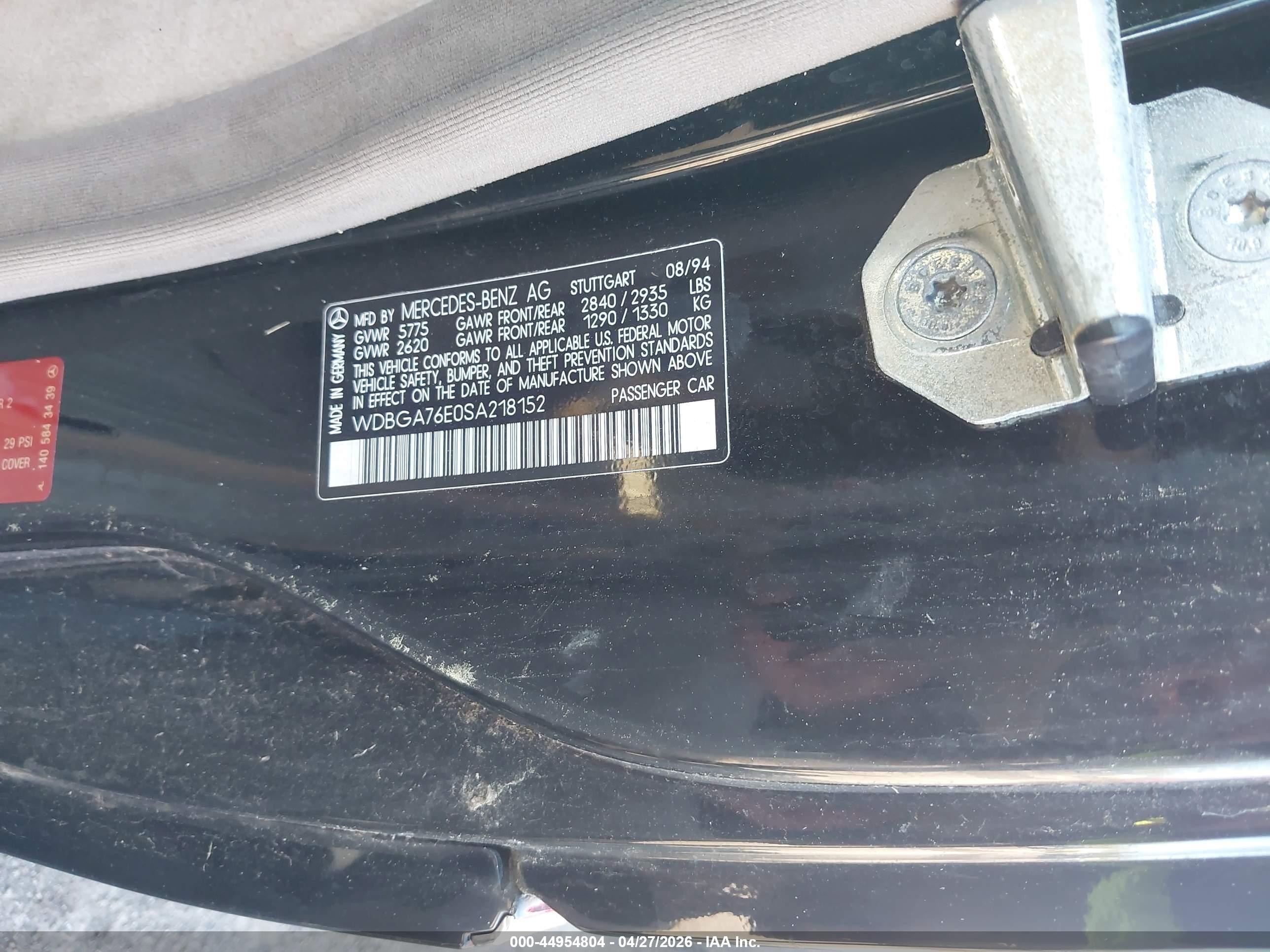 1995 Mercedes-benz S 600 Черный vin: WDBGA76E0SA218152