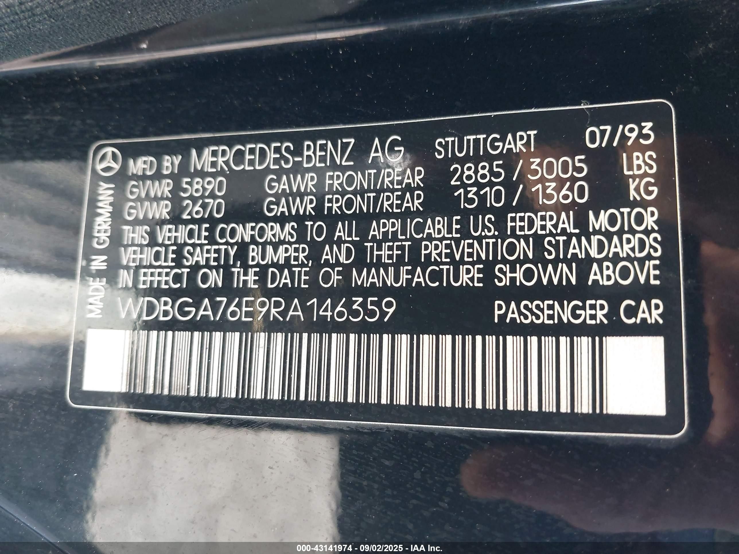 1994 Mercedes-benz S 600 Black vin: WDBGA76E9RA146359