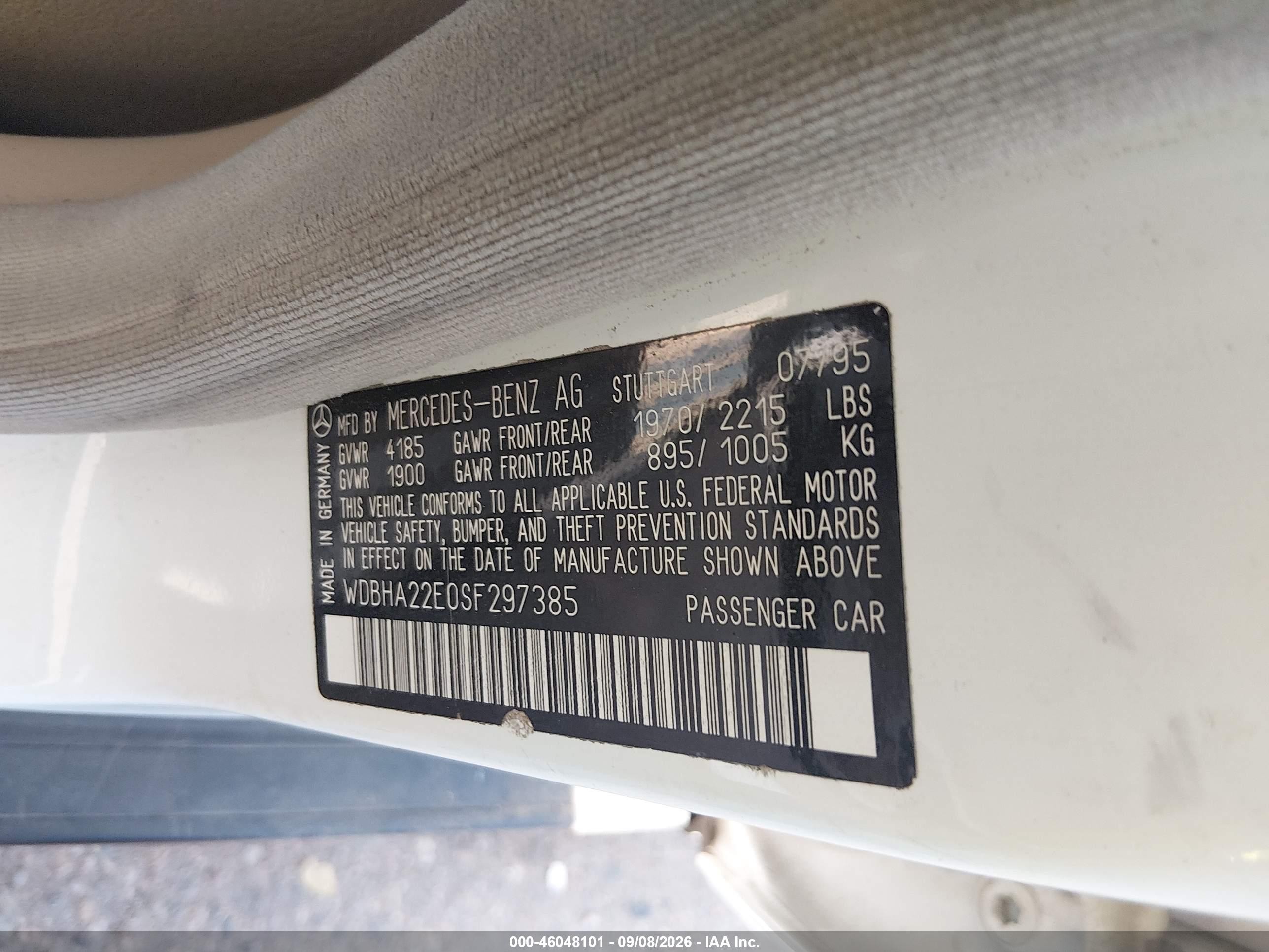 1995 Mercedes-benz C 220 White vin: WDBHA22E0SF297385