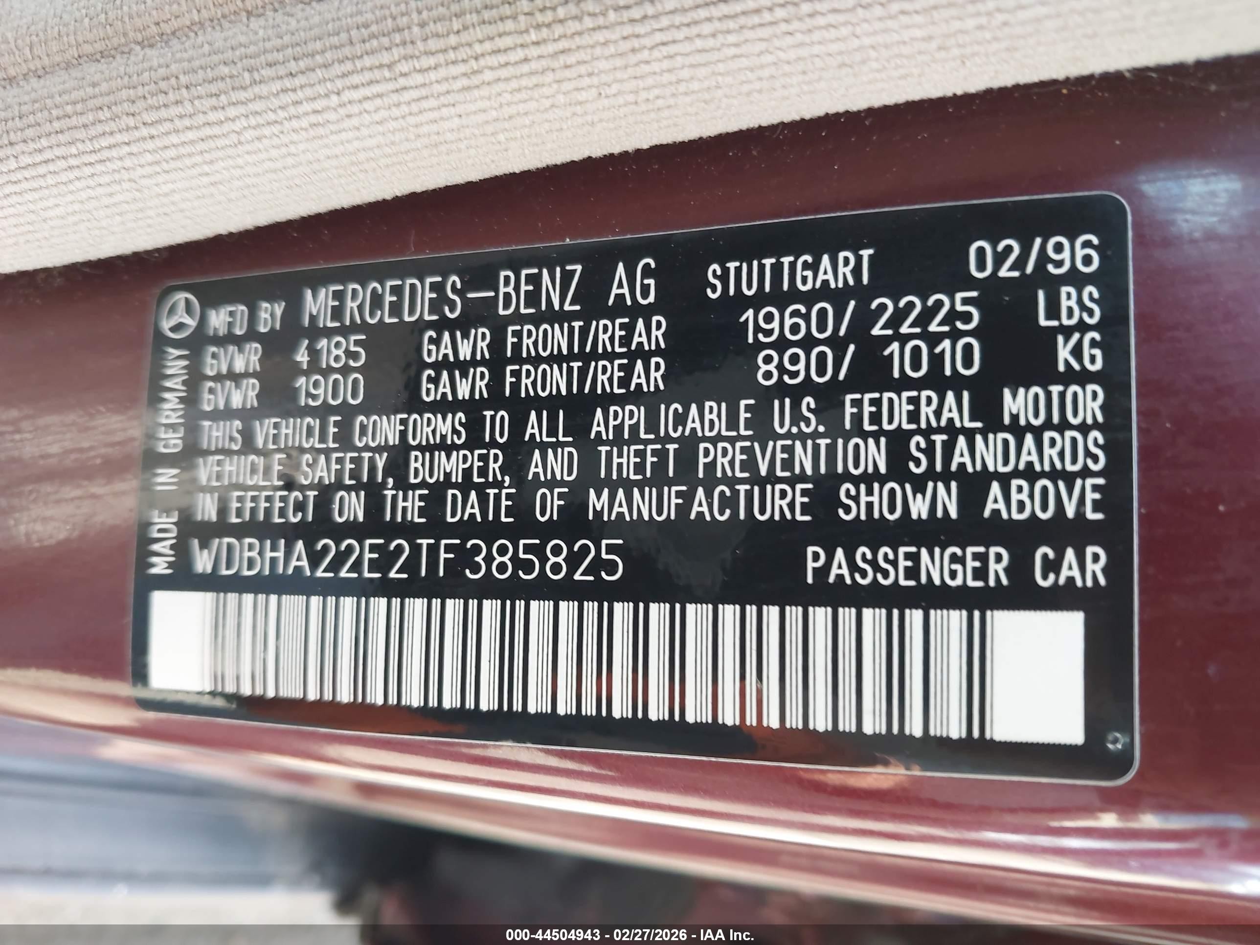 1996 Mercedes-benz C 220 Burgundy vin: WDBHA22E2TF385825