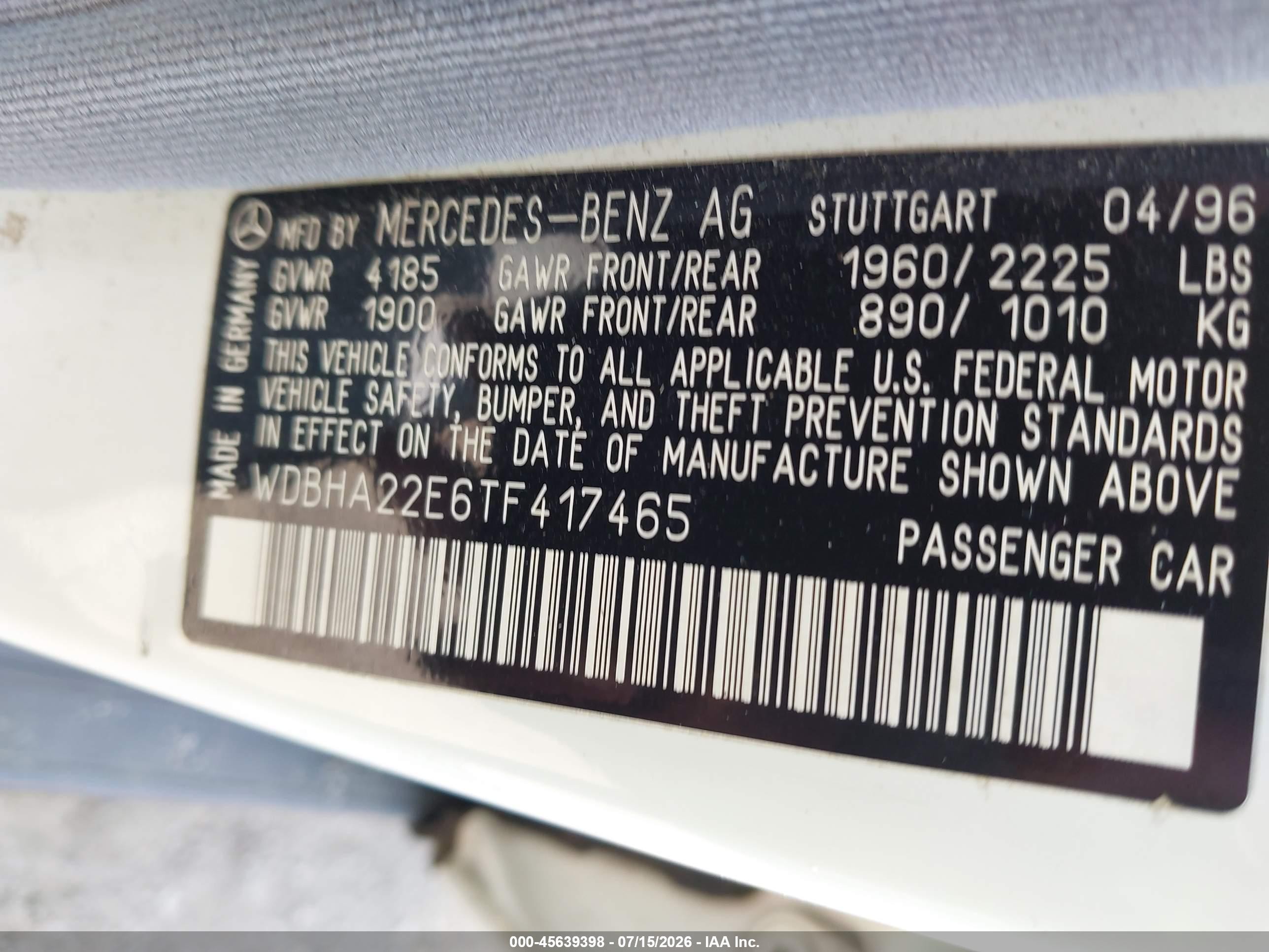 1996 Mercedes-benz C 220 White vin: WDBHA22E6TF417465