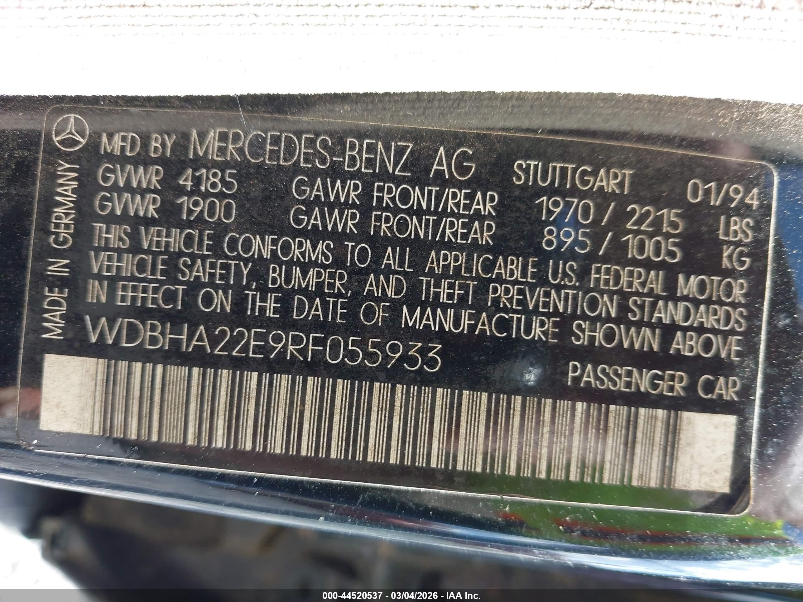 1994 Mercedes-benz C 220 Black vin: WDBHA22E9RF055933
