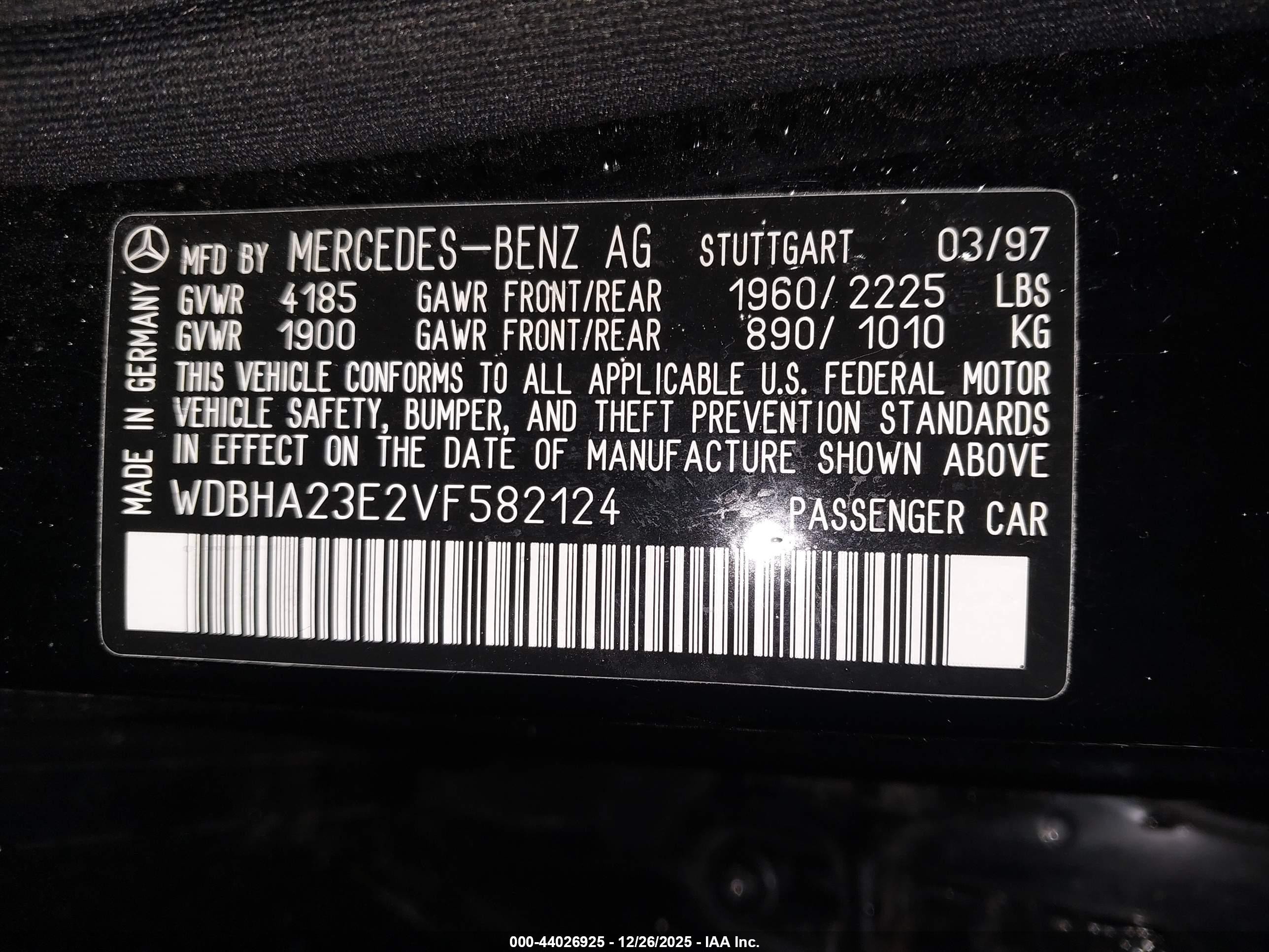 1997 Mercedes-benz C 230   Black vin: WDBHA23E2VF582124