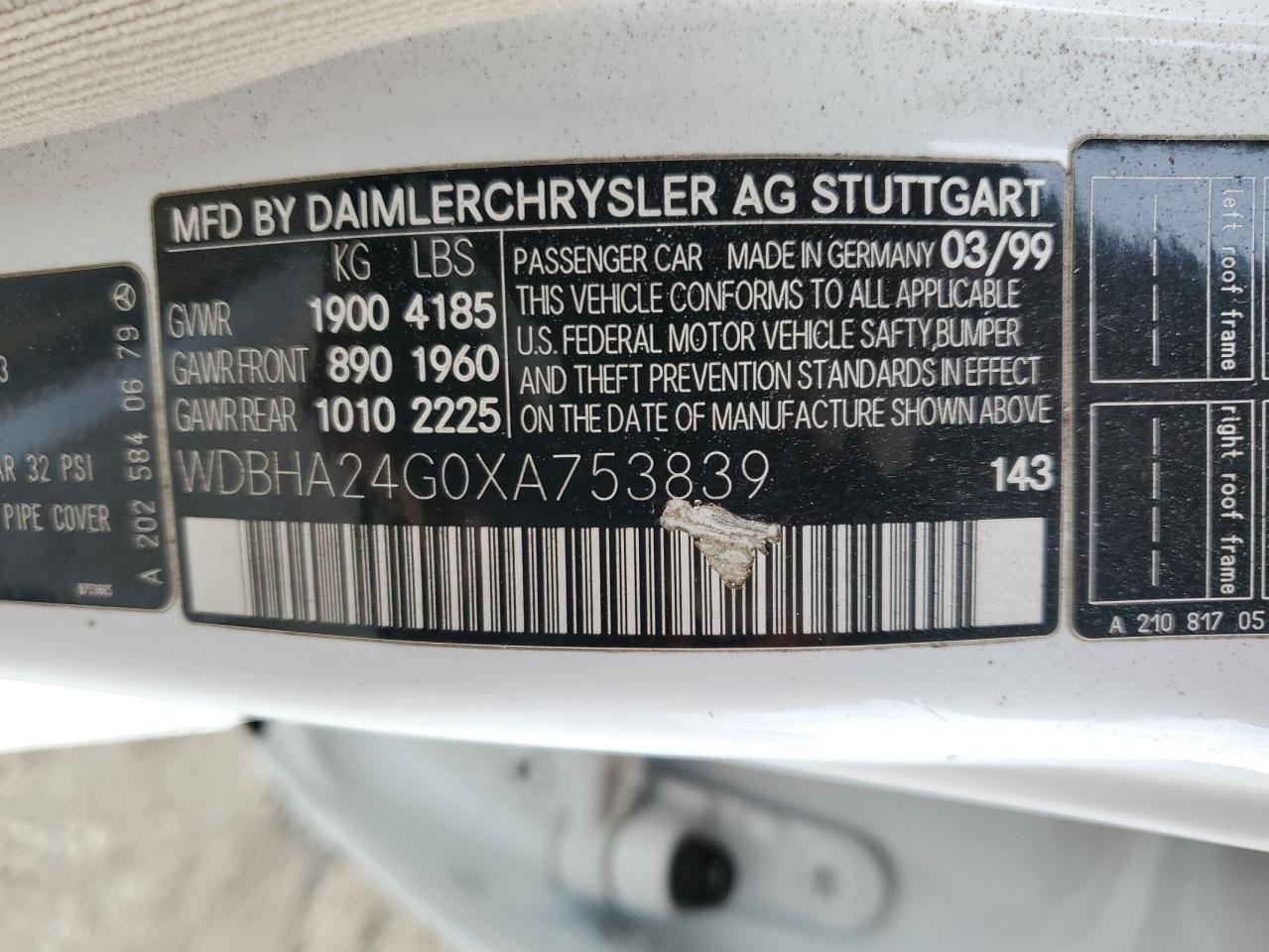 1999 Mercedes-benz C 230 White vin: WDBHA24G0XA753839
