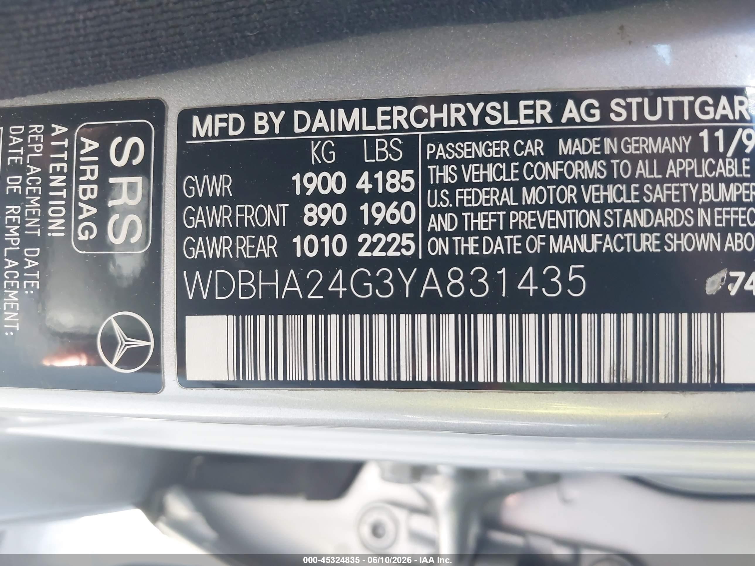 2000 Mercedes-benz C 230 Kompressor Silver vin: WDBHA24G3YA831435