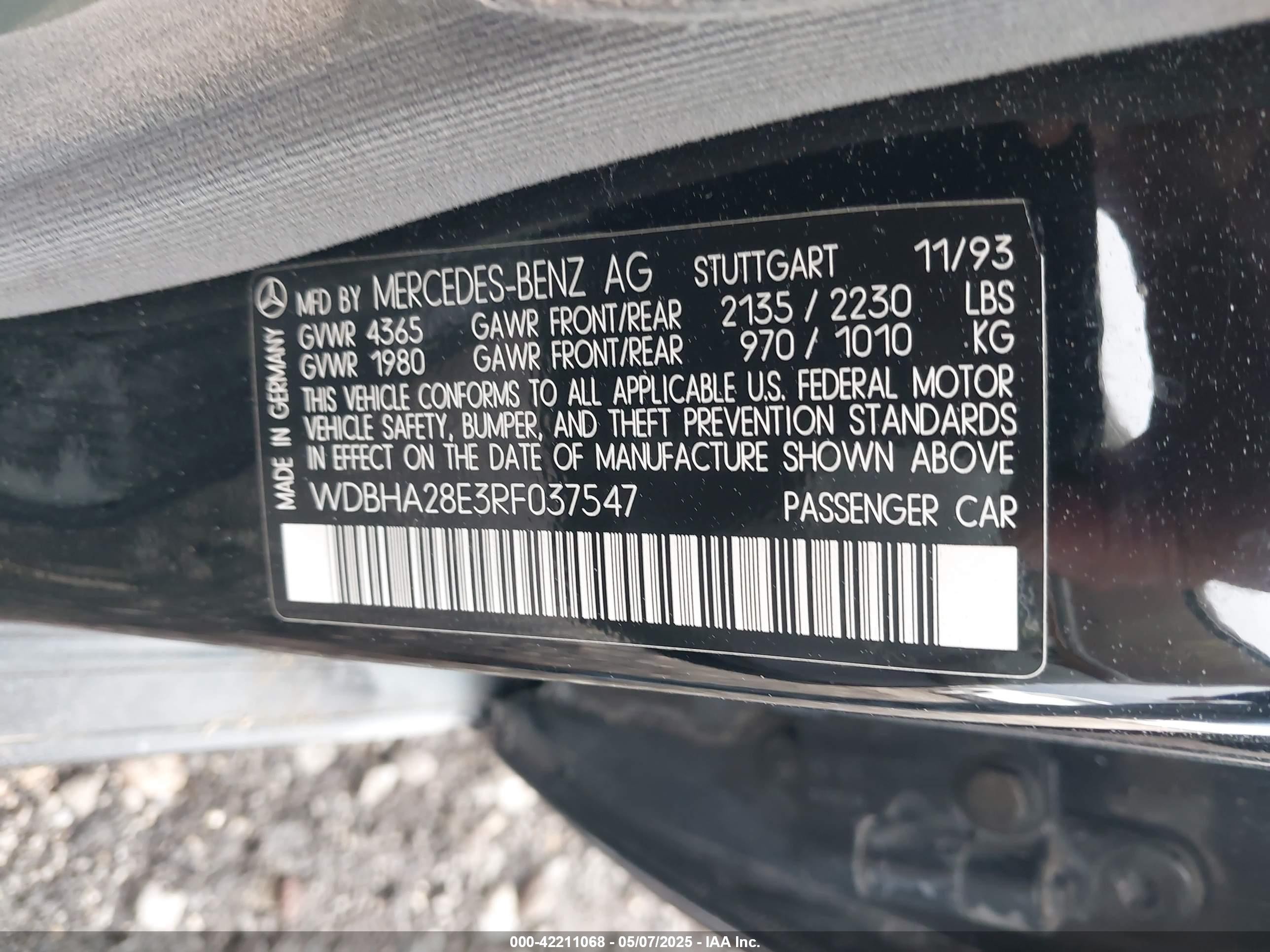 1994 Mercedes-benz C 280 Black vin: WDBHA28E3RF037547