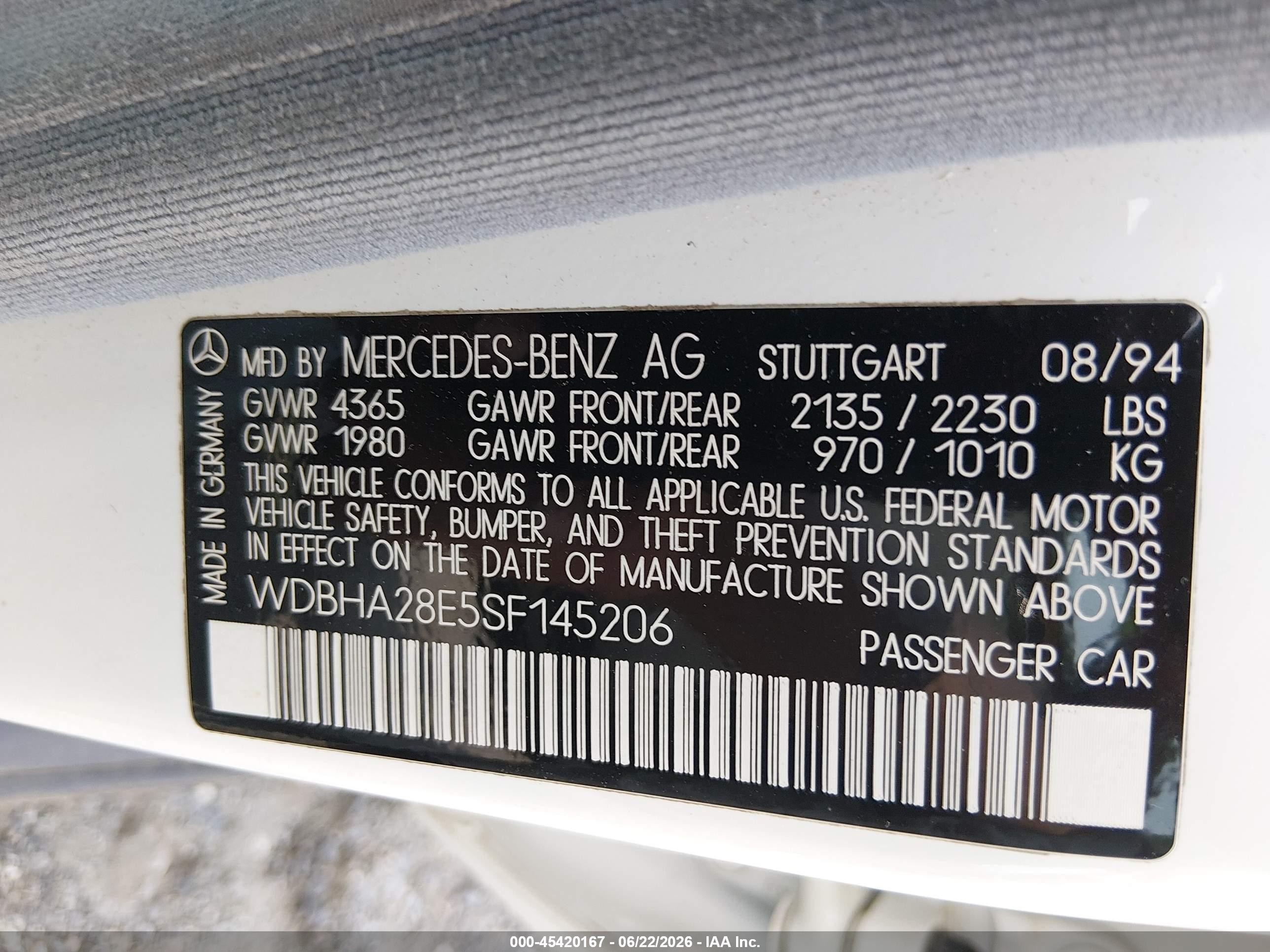 1995 Mercedes-benz C 280 White vin: WDBHA28E5SF145206