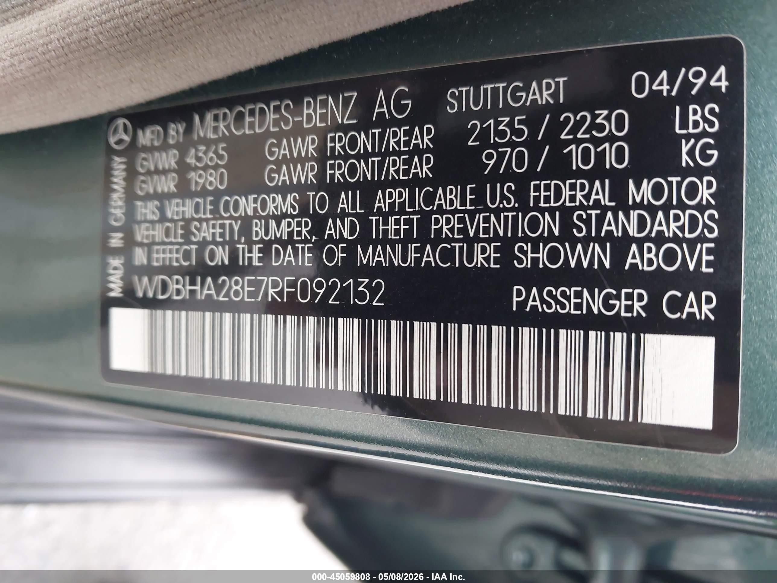 1994 Mercedes-benz C 280 Green vin: WDBHA28E7RF092132
