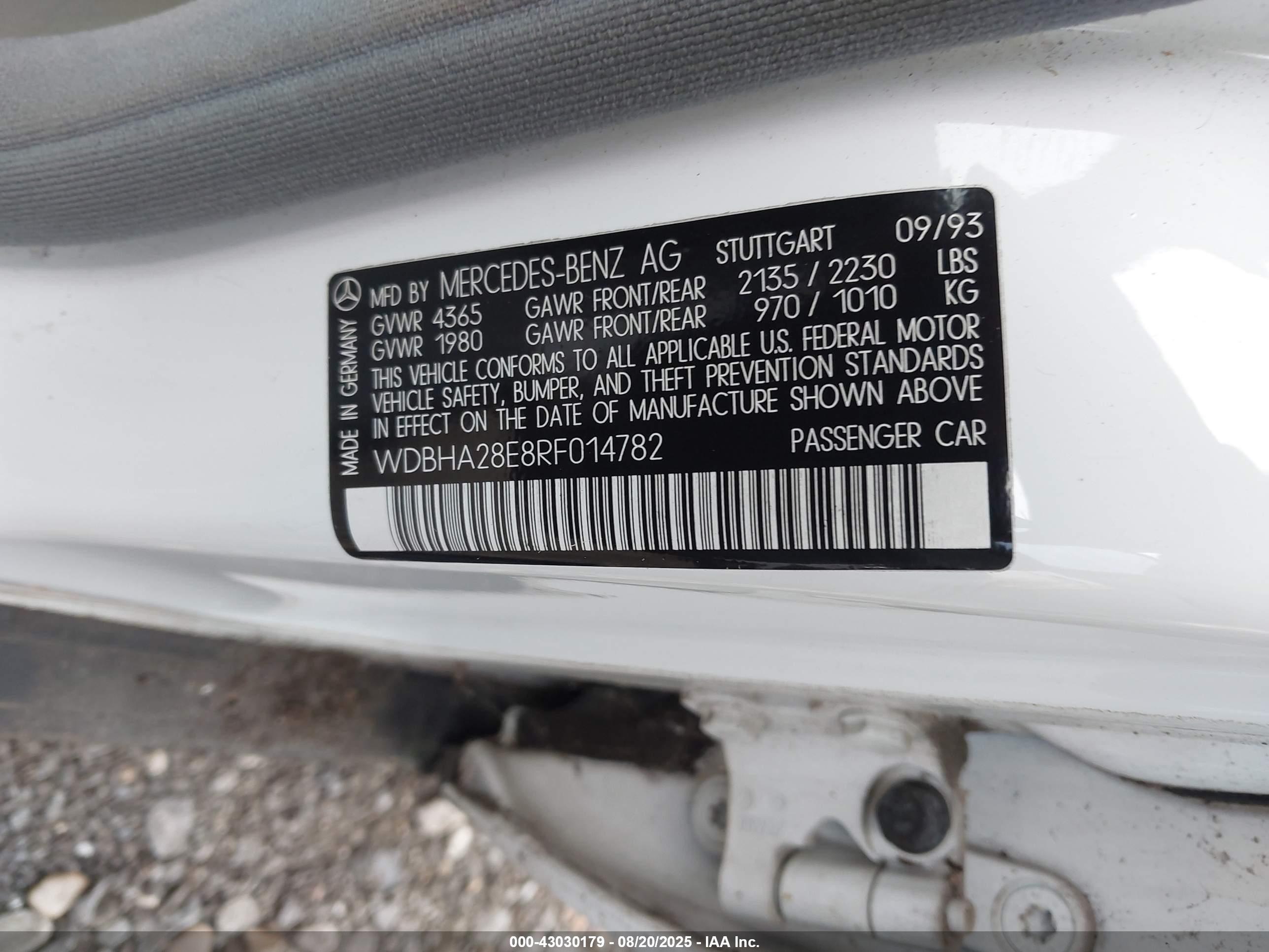 1994 Mercedes-benz C 280 White vin: WDBHA28E8RF014782