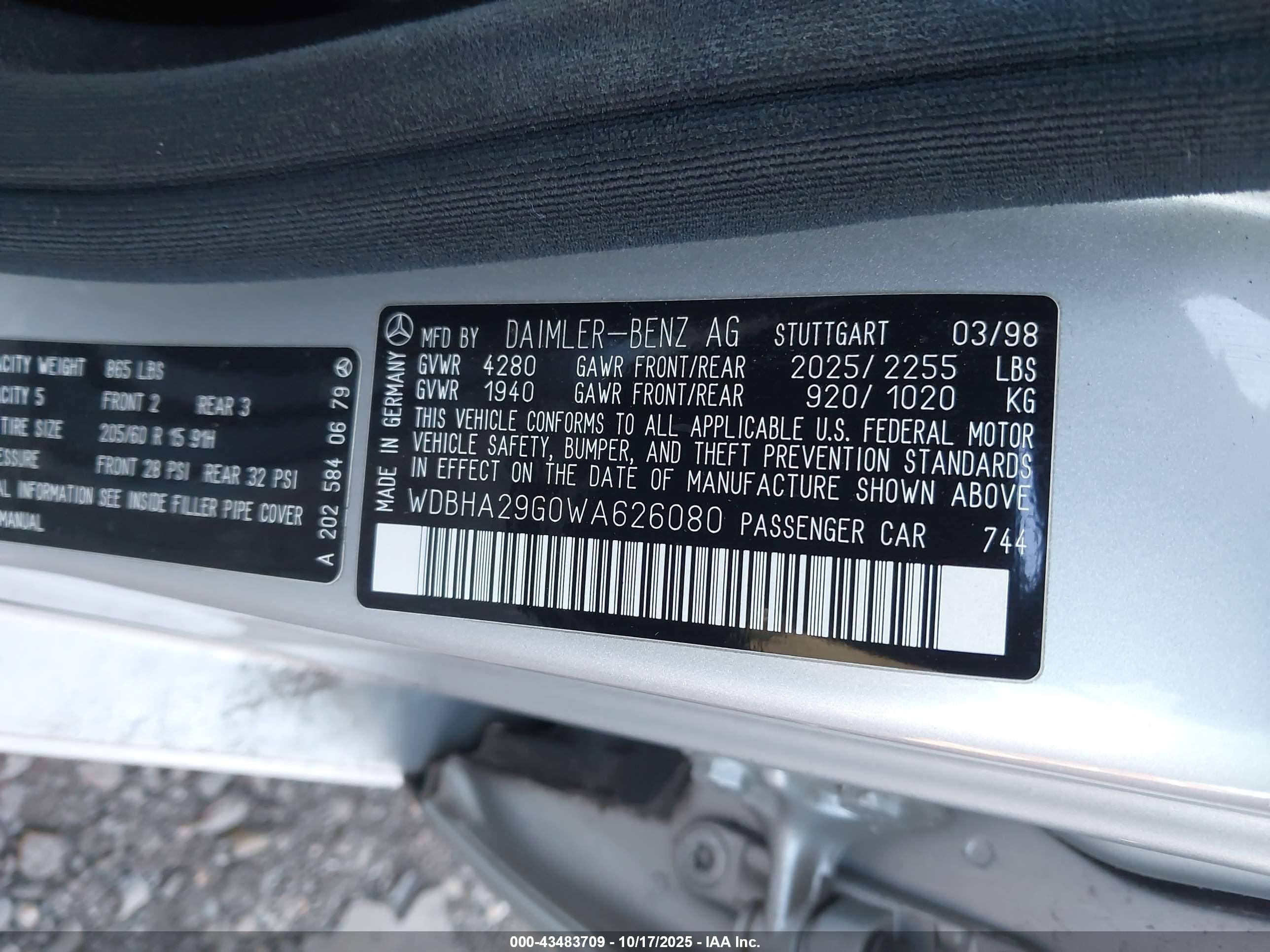 1998 Mercedes-benz C 280   Серый vin: WDBHA29G0WA626080