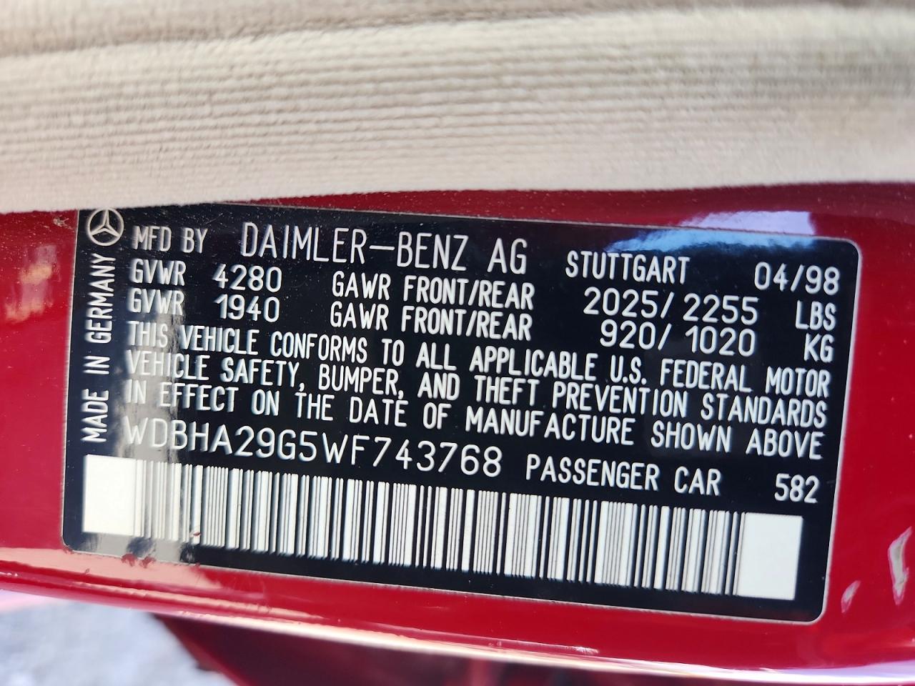 1998 Mercedes-benz C 280 Red vin: WDBHA29G5WF743768