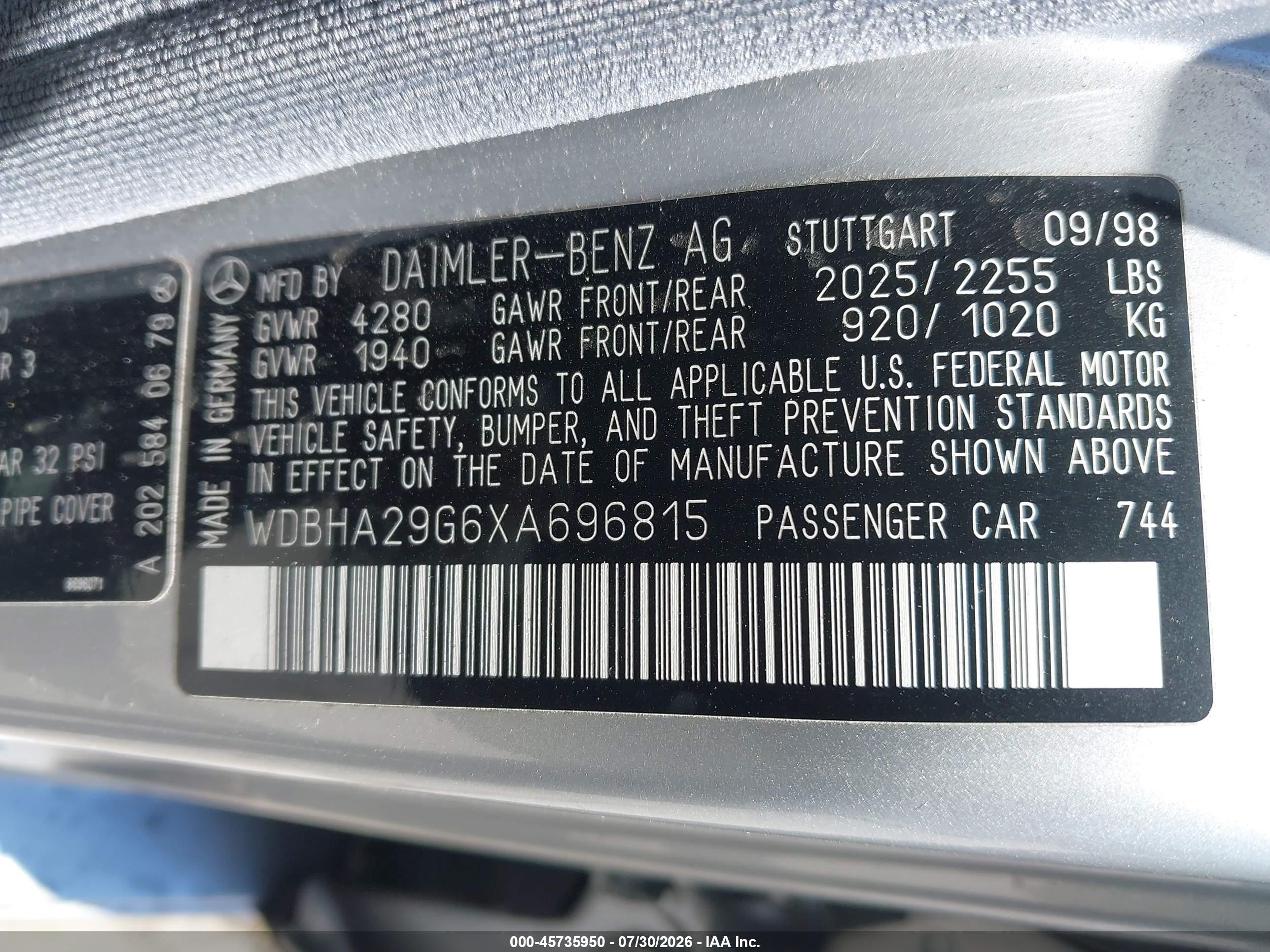 1999 Mercedes-benz C 280   Silver vin: WDBHA29G6XA696815