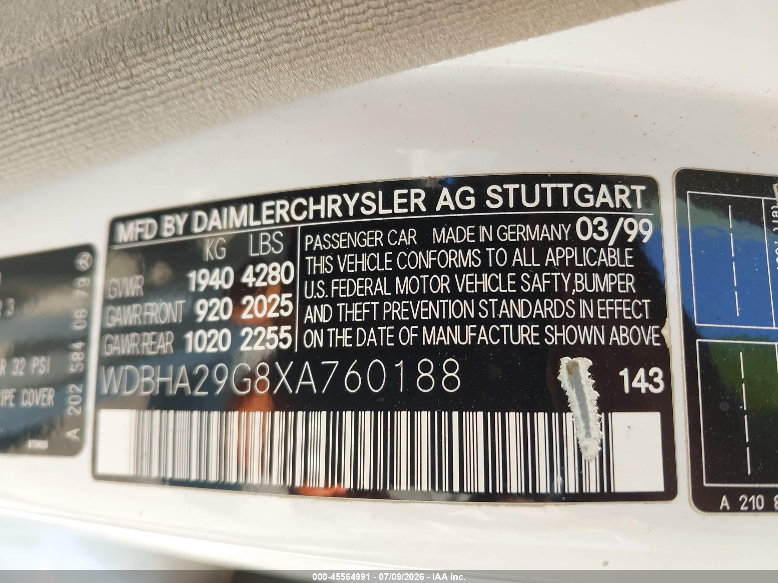 1999 Mercedes-benz C 280   Белый vin: WDBHA29G8XA760188