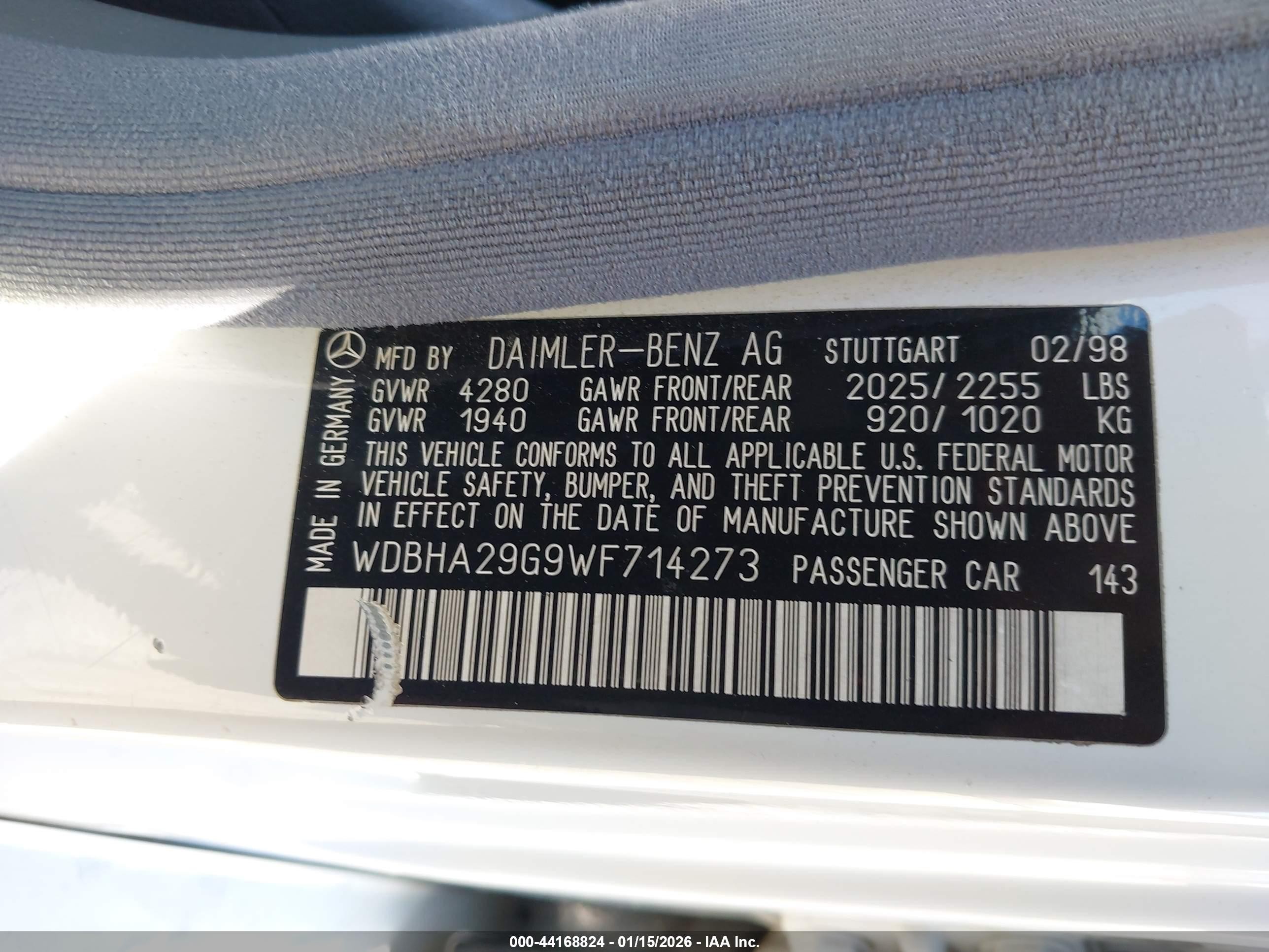 1998 Mercedes-benz C 280   White vin: WDBHA29G9WF714273
