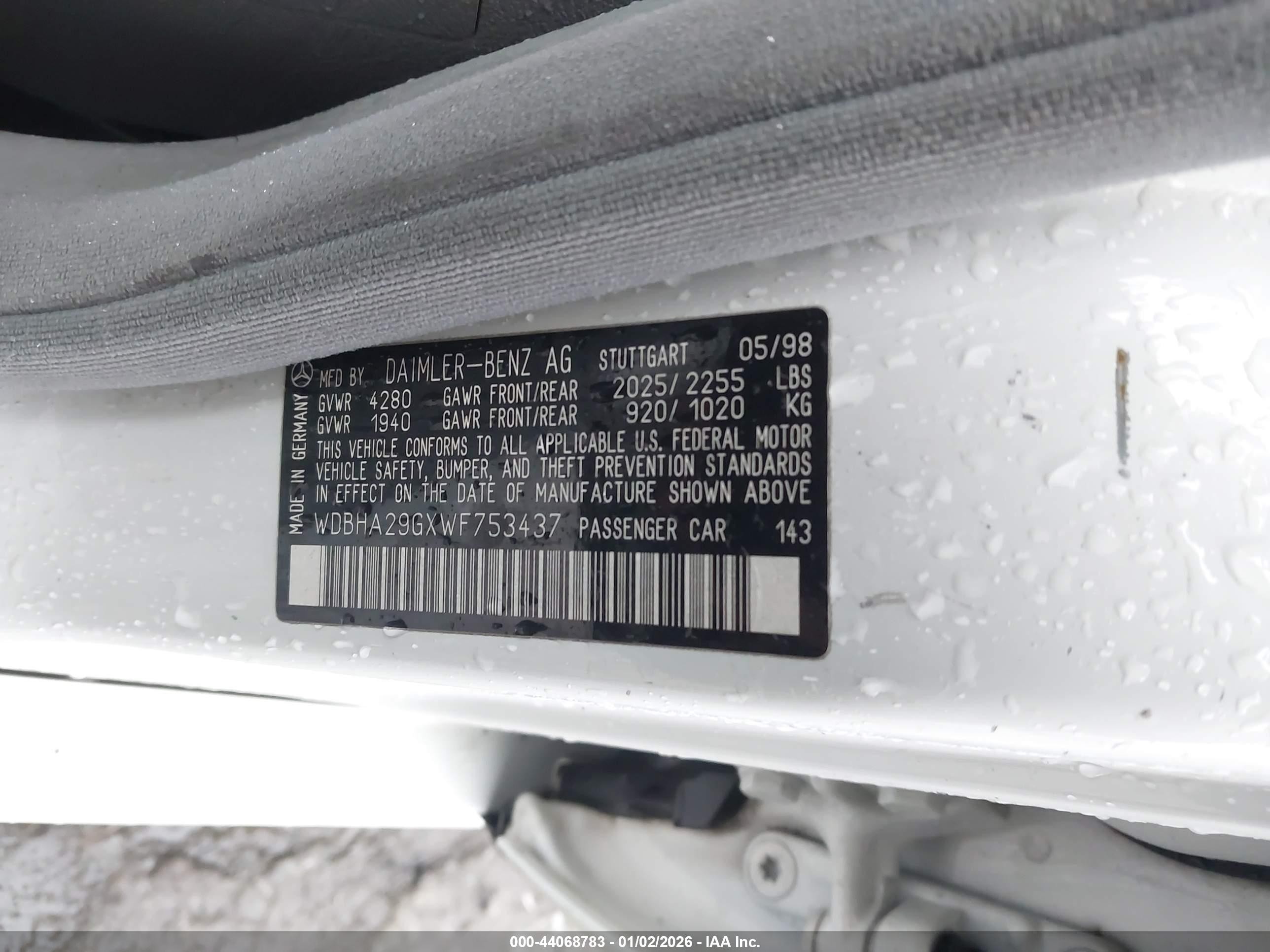 1998 Mercedes-benz C 280   White vin: WDBHA29GXWF753437