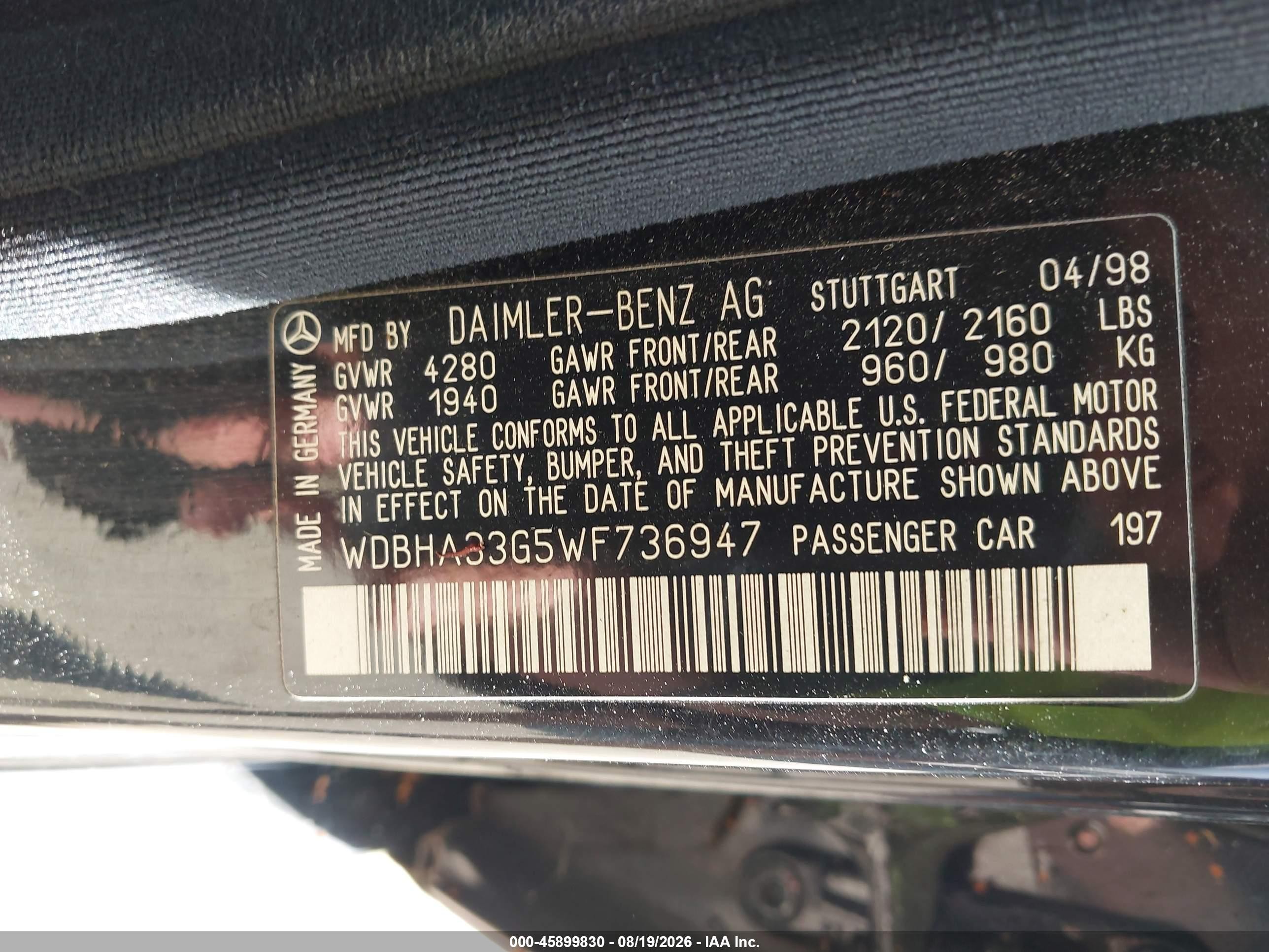 1998 Mercedes-benz C 43 Black vin: WDBHA33G5WF736947