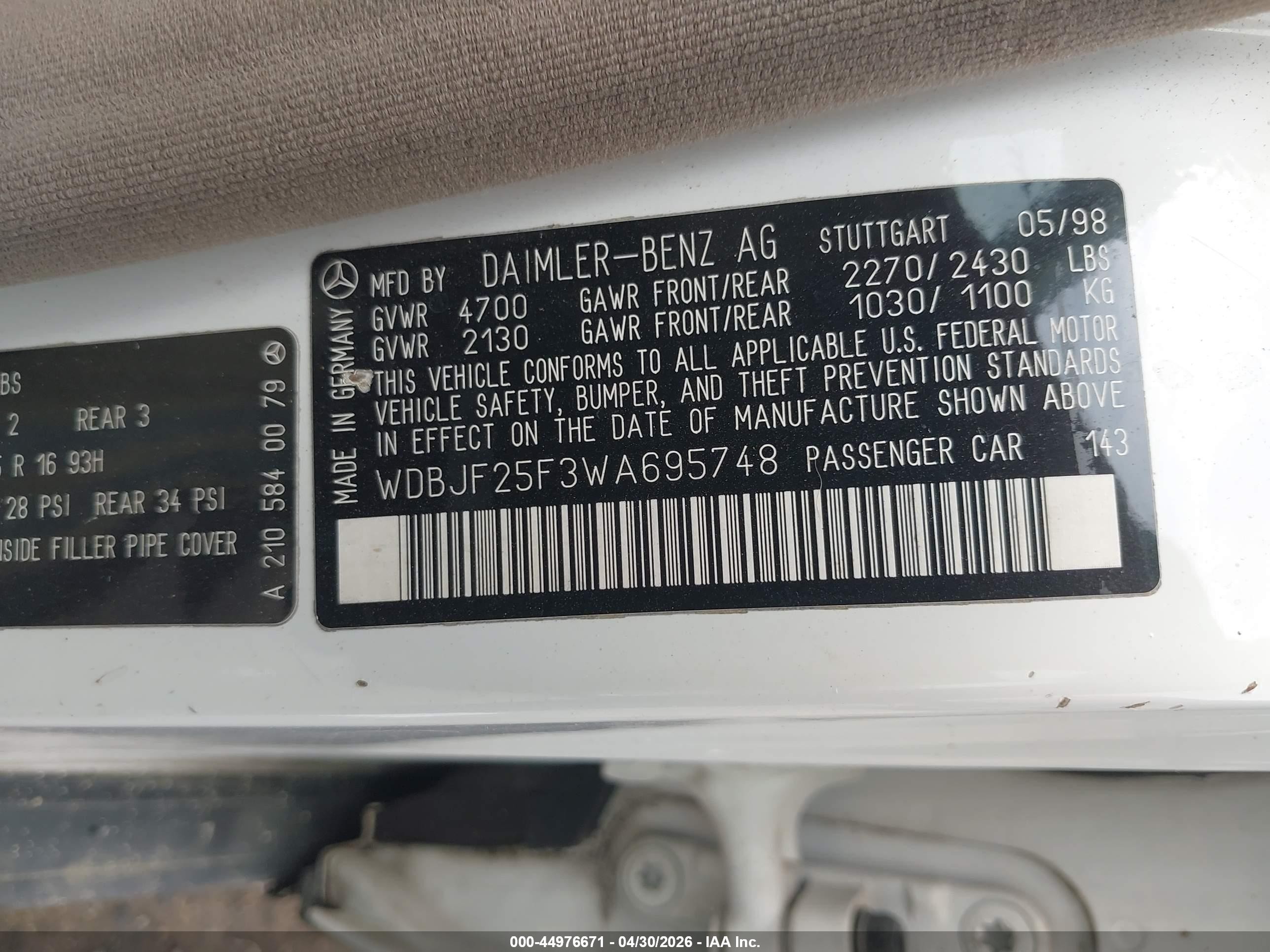 1998 Mercedes-benz E 300 Diesel   Белый vin: WDBJF25F3WA695748