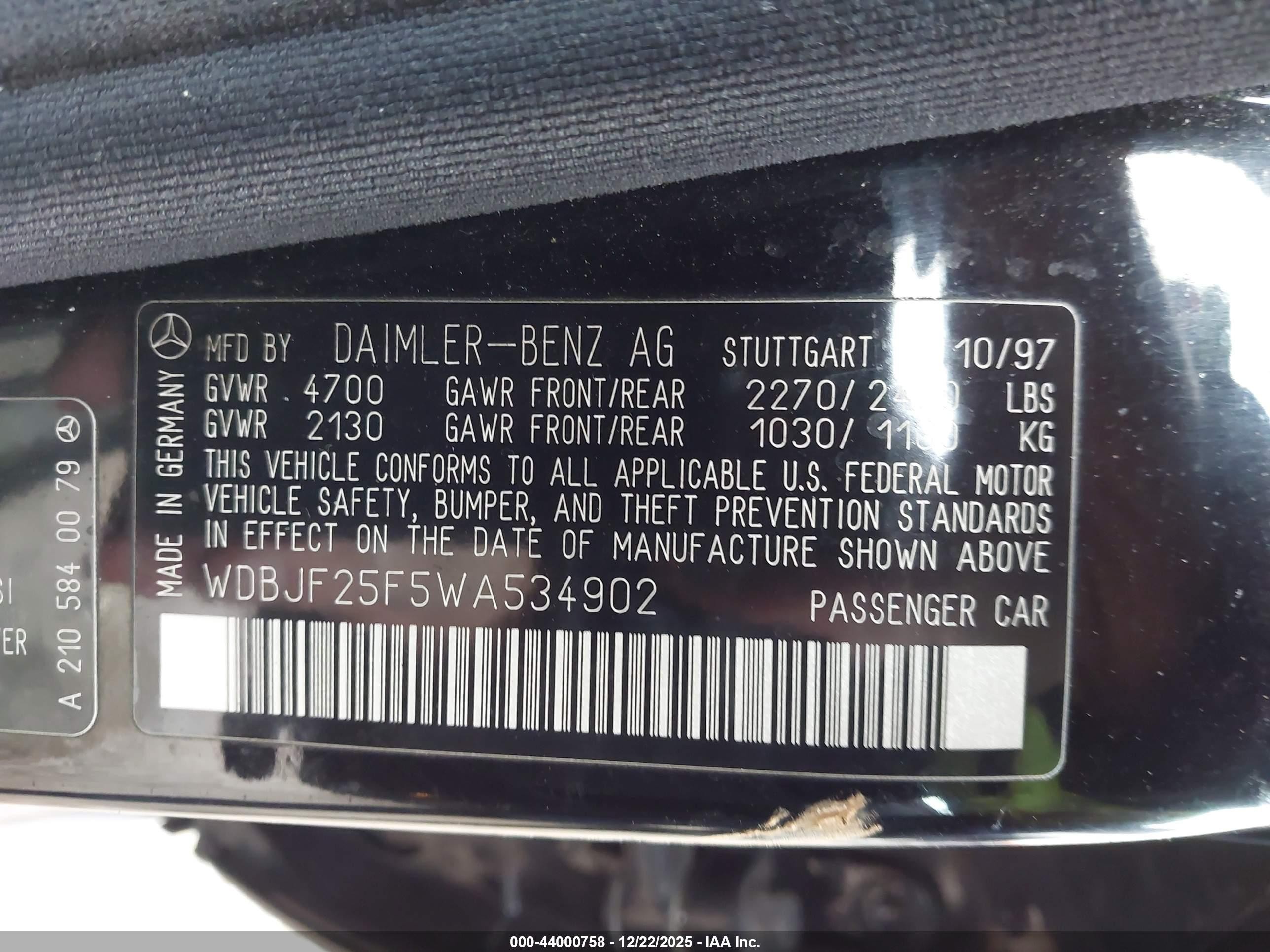 1998 Mercedes-benz E 300 Diesel   Black vin: WDBJF25F5WA534902