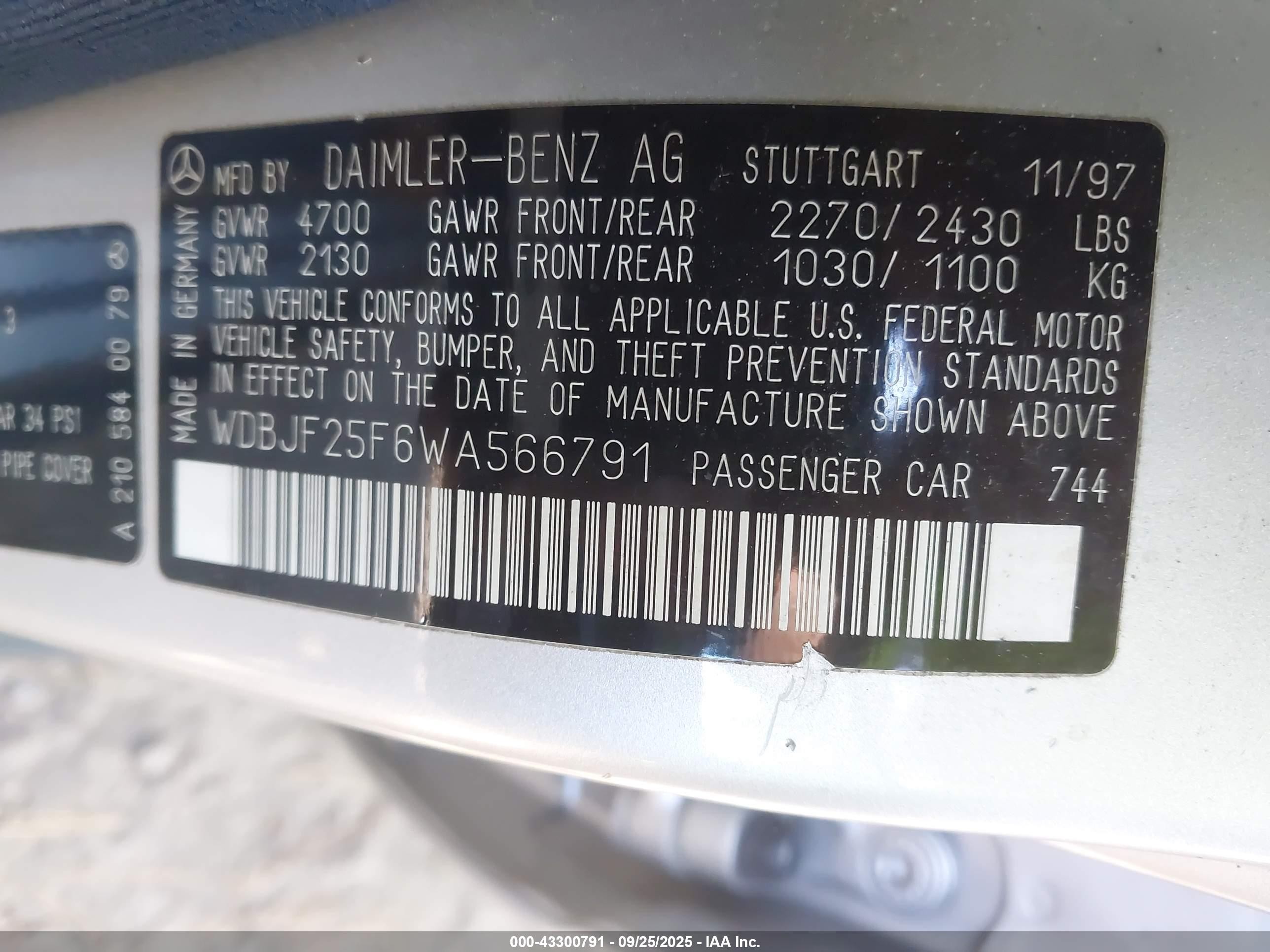 1998 Mercedes-benz E 300 Diesel   Silver vin: WDBJF25F6WA566791