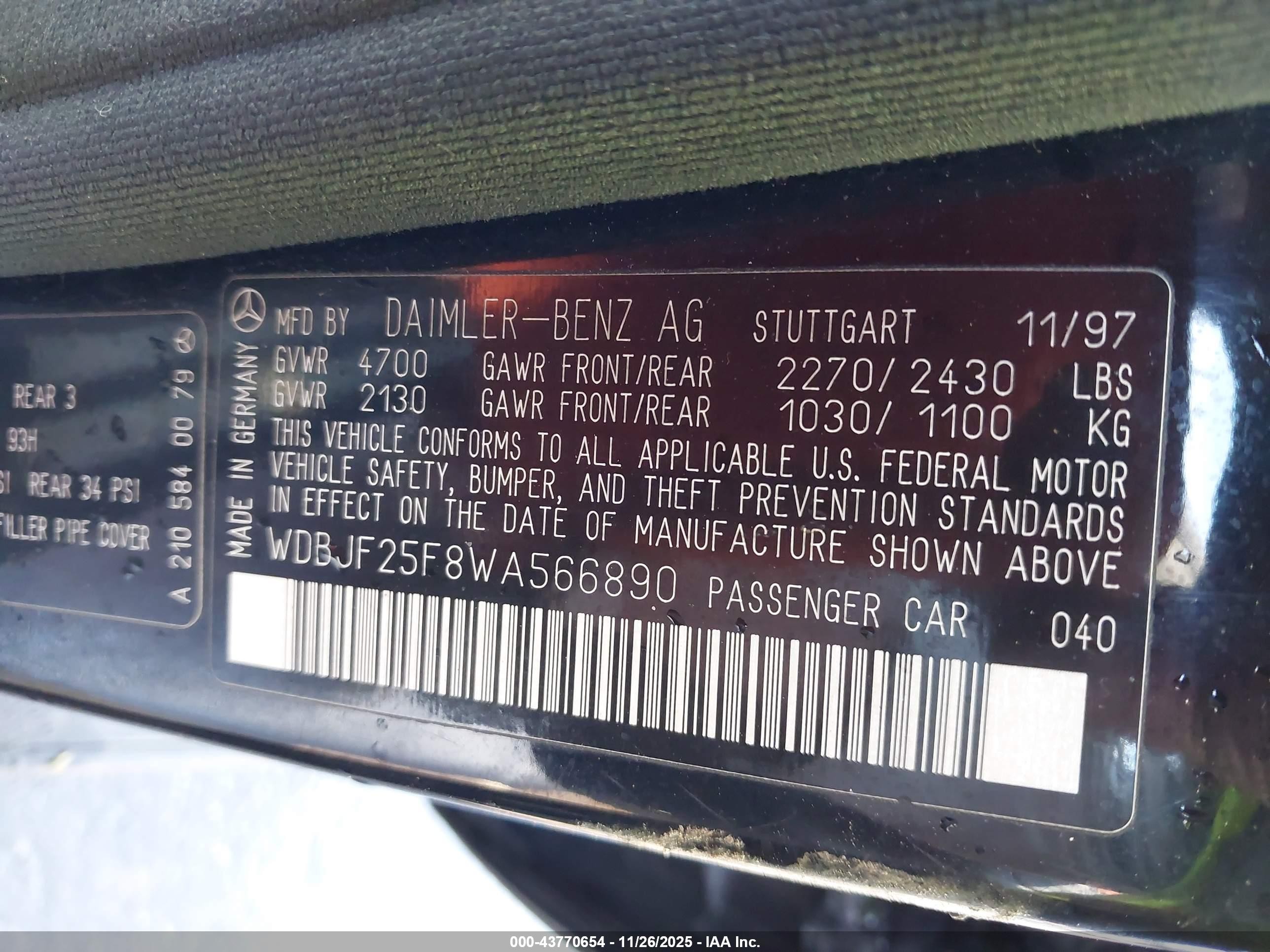 1998 Mercedes-benz E 300 Diesel   Black vin: WDBJF25F8WA566890
