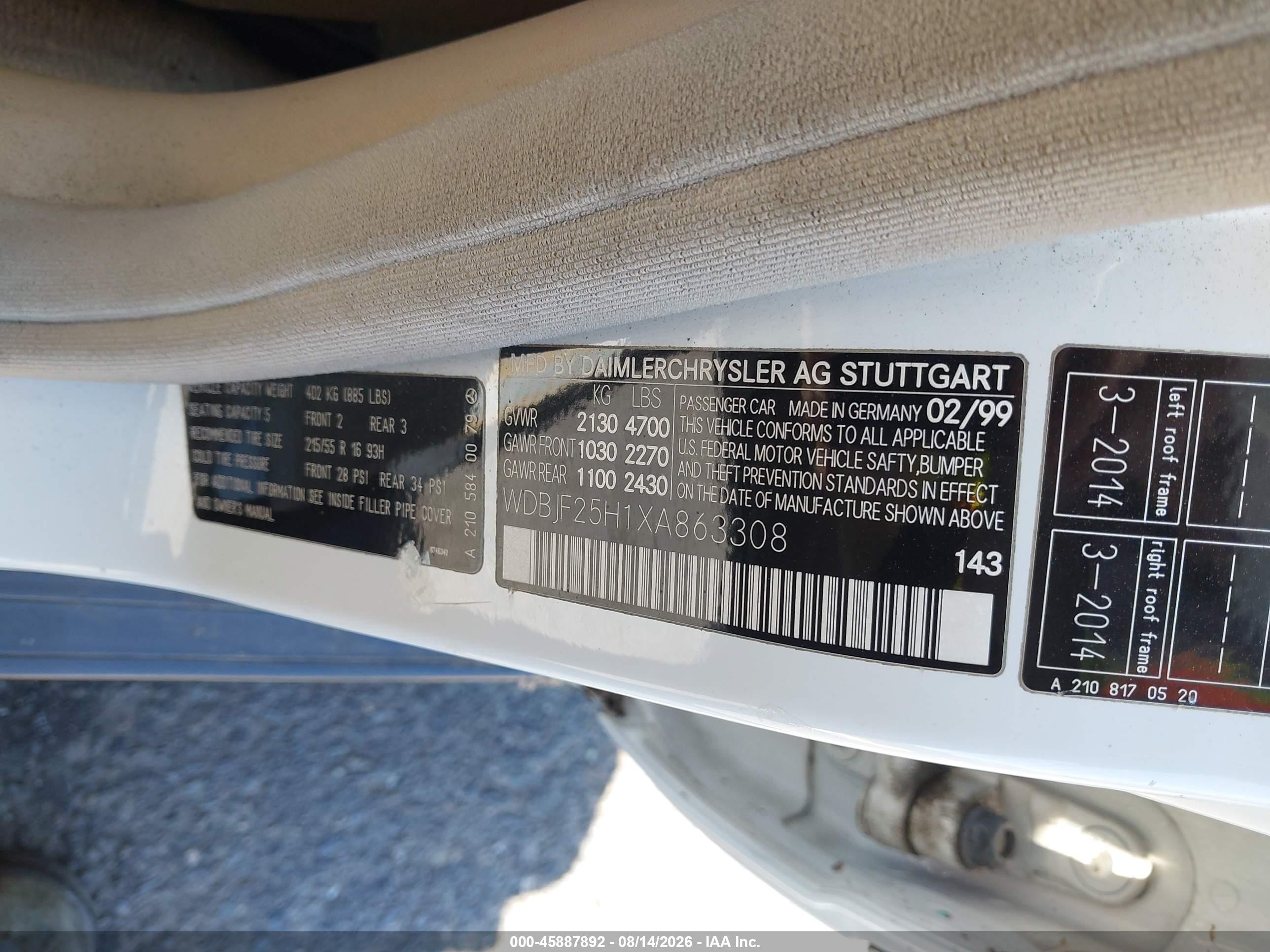 1999 Mercedes-benz E 300 Diesel   White vin: WDBJF25H1XA863308