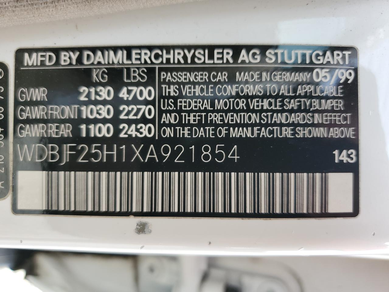 1999 Mercedes-benz E 300td White vin: WDBJF25H1XA921854