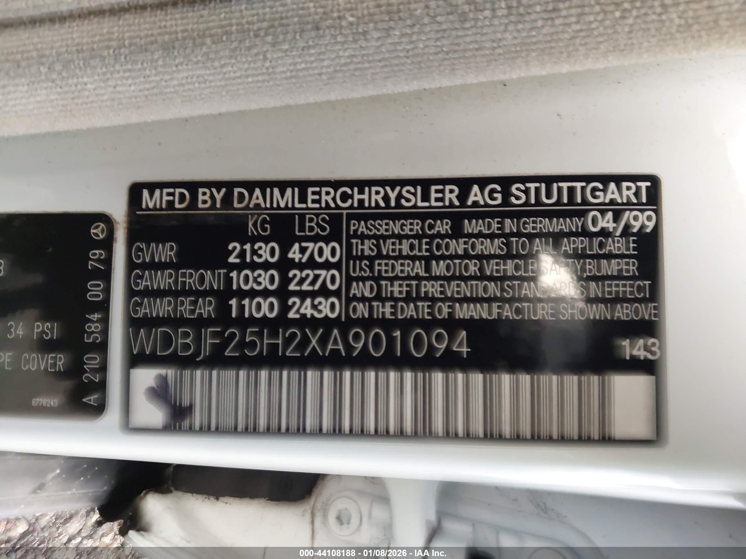 1999 Mercedes-benz E 300 Diesel   White vin: WDBJF25H2XA901094