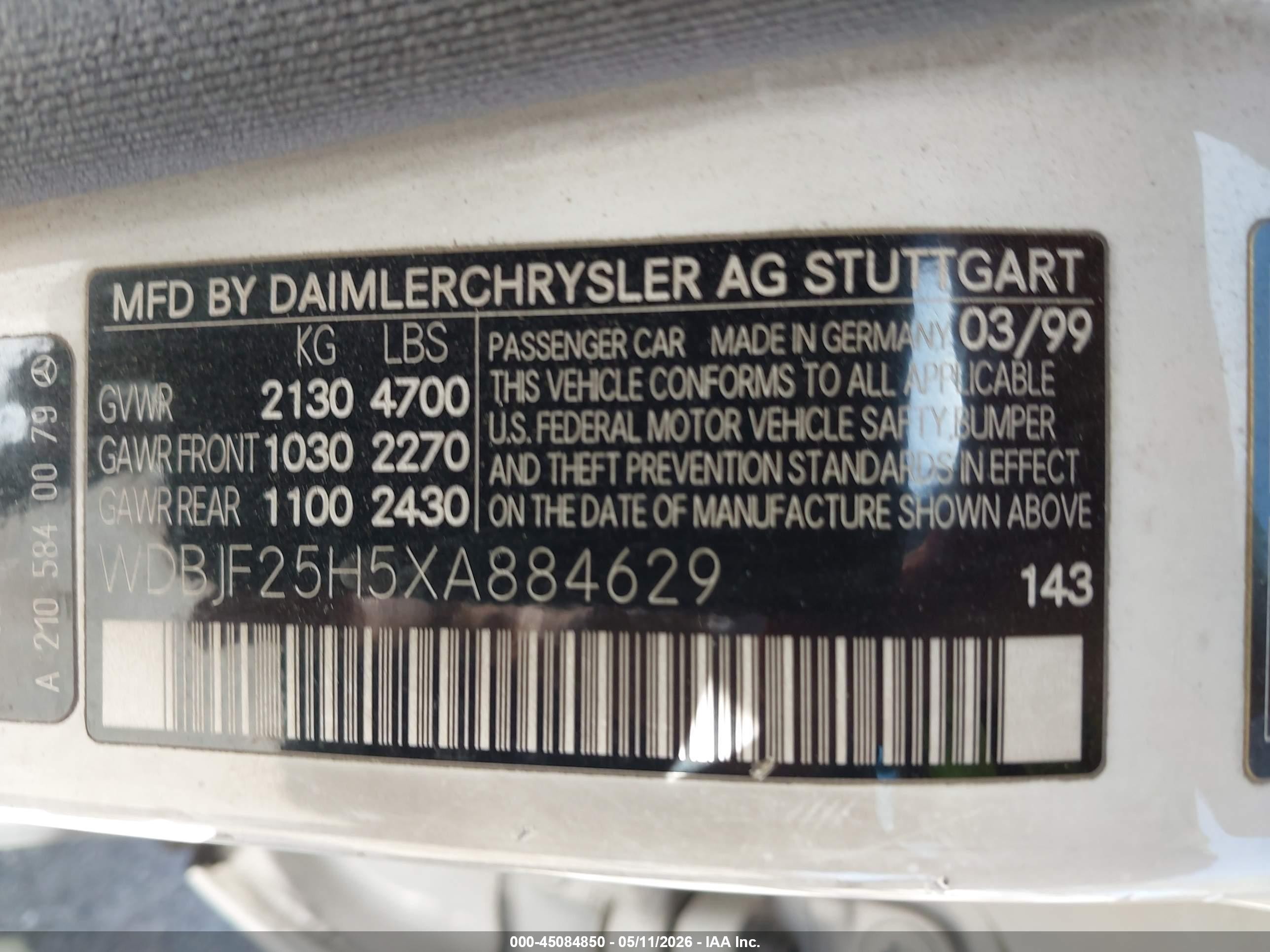 1999 Mercedes-benz E 300 Diesel   White vin: WDBJF25H5XA884629