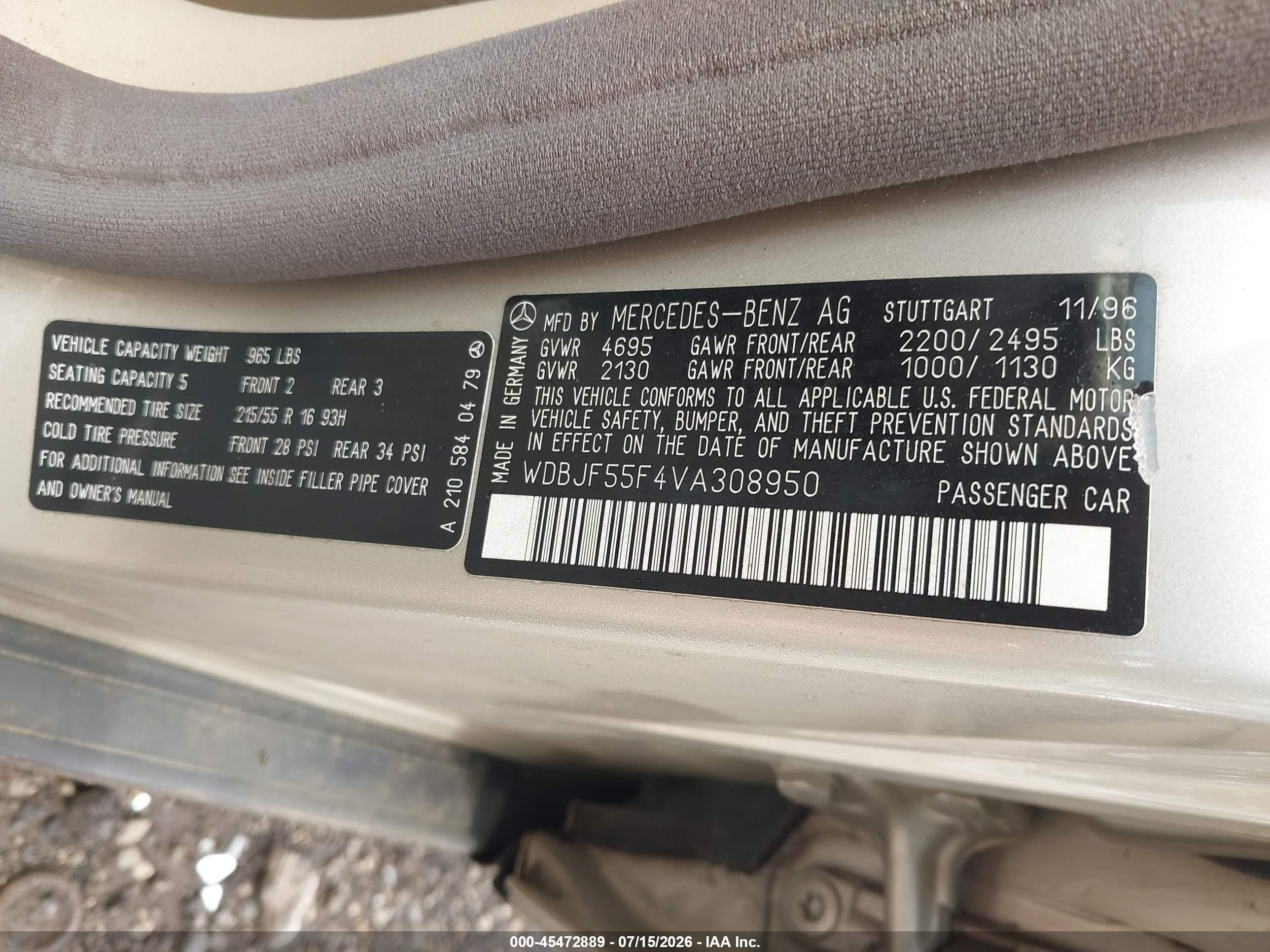 1997 Mercedes-benz E 320   Beige vin: WDBJF55F4VA308950