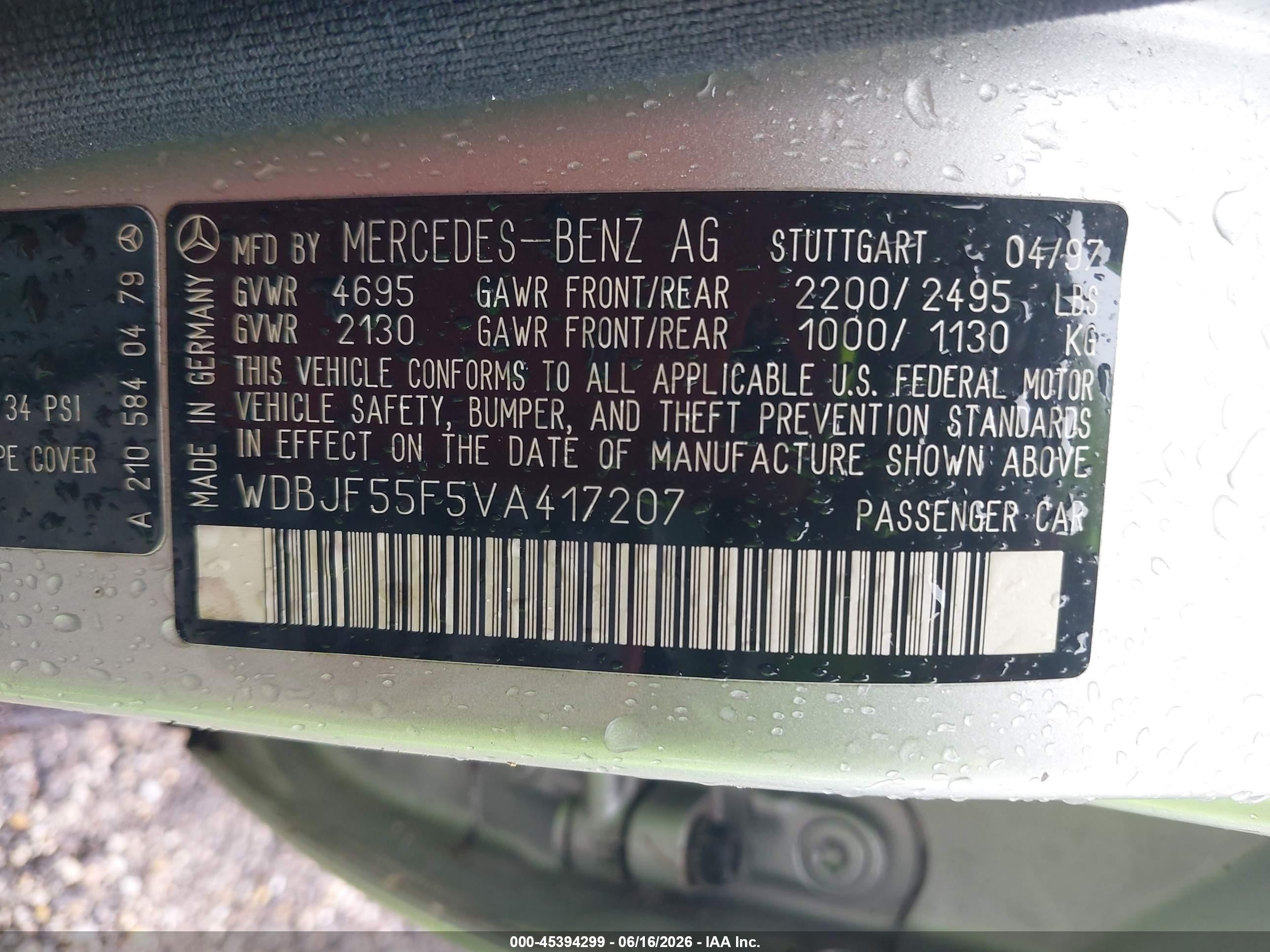 1997 Mercedes-benz E 320   Silver vin: WDBJF55F5VA417207