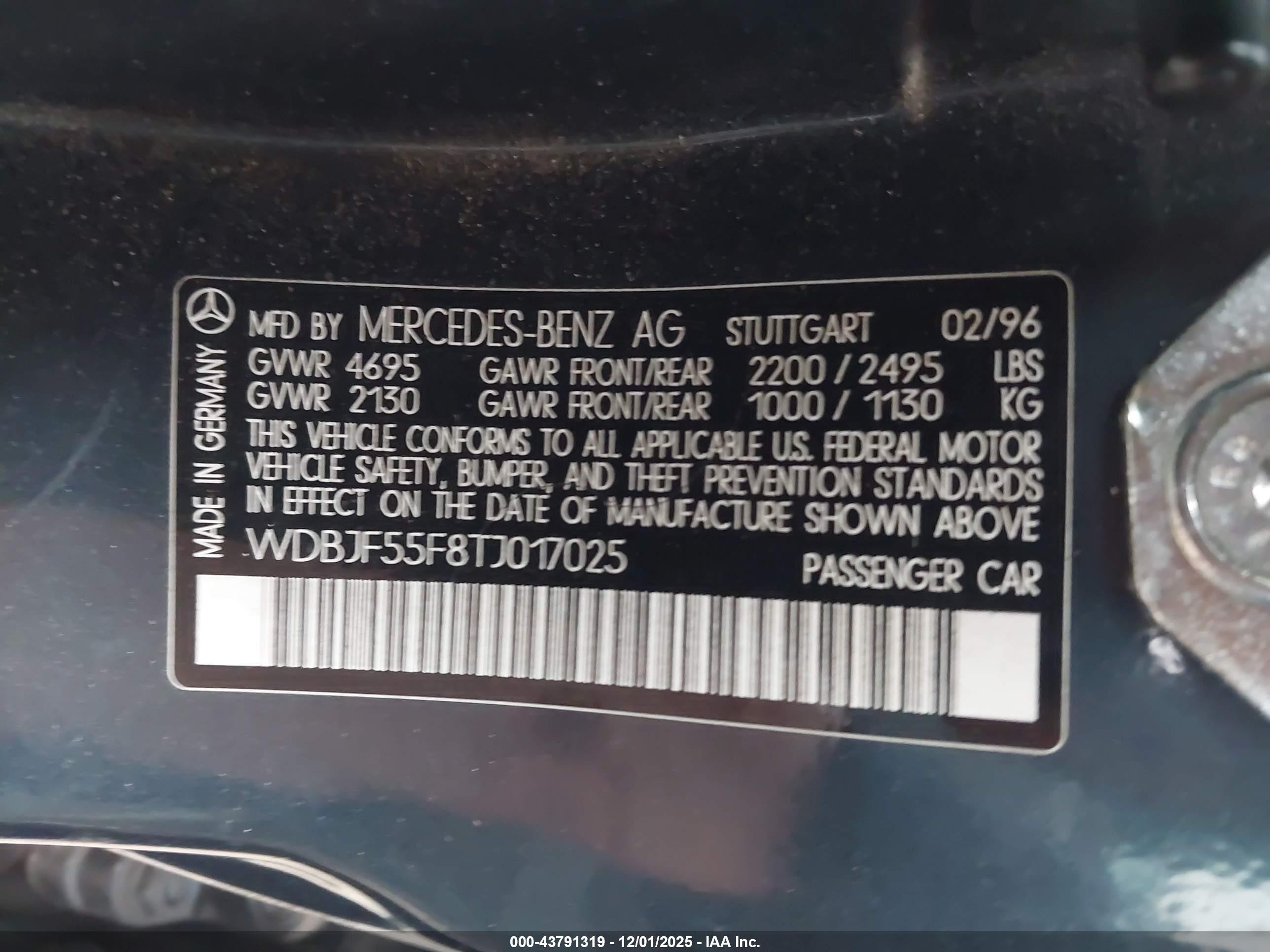 1996 Mercedes-benz E 320 Blue vin: WDBJF55F8TJ017025