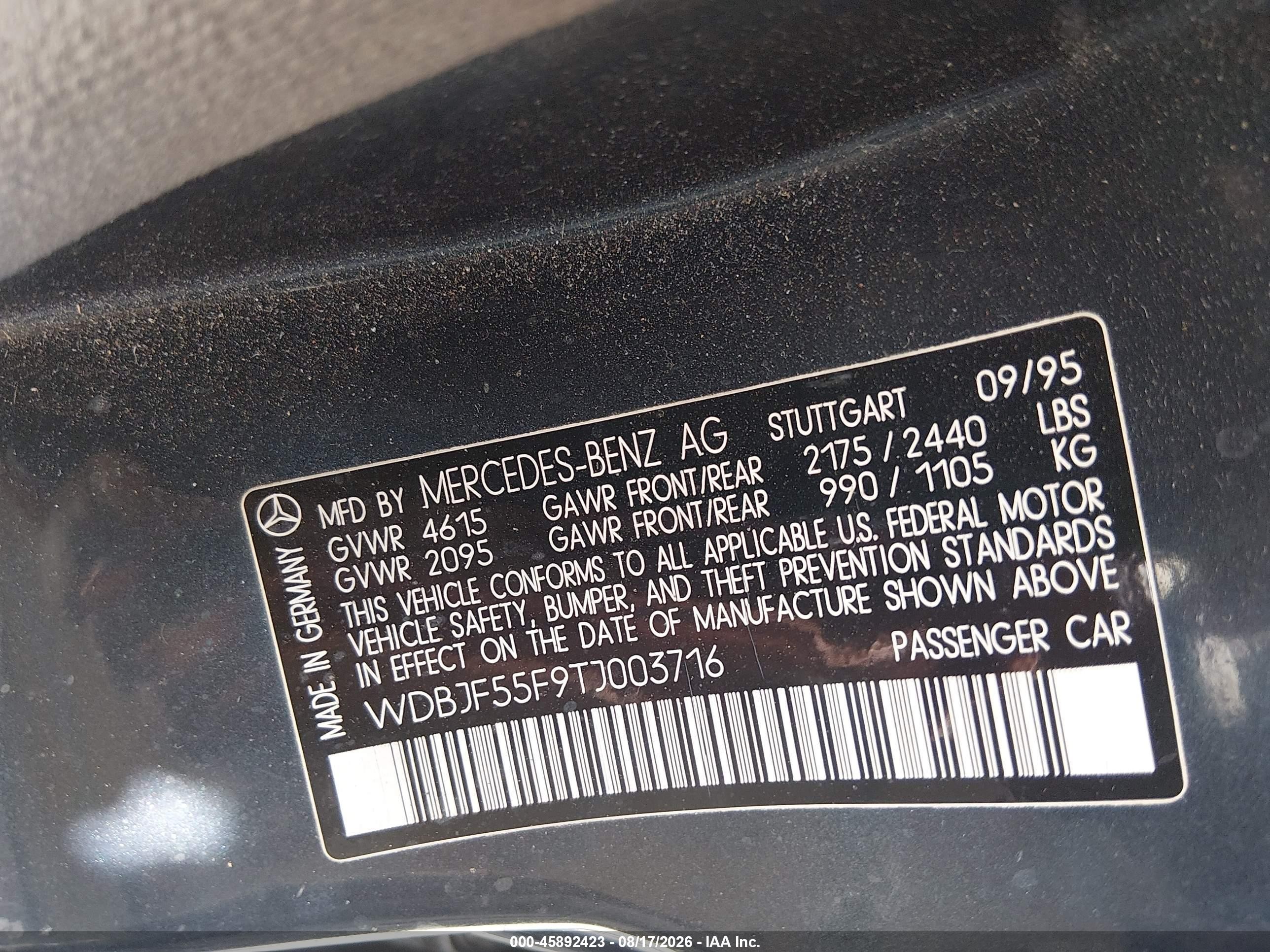 1996 Mercedes-benz E 320 Blue vin: WDBJF55F9TJ003716