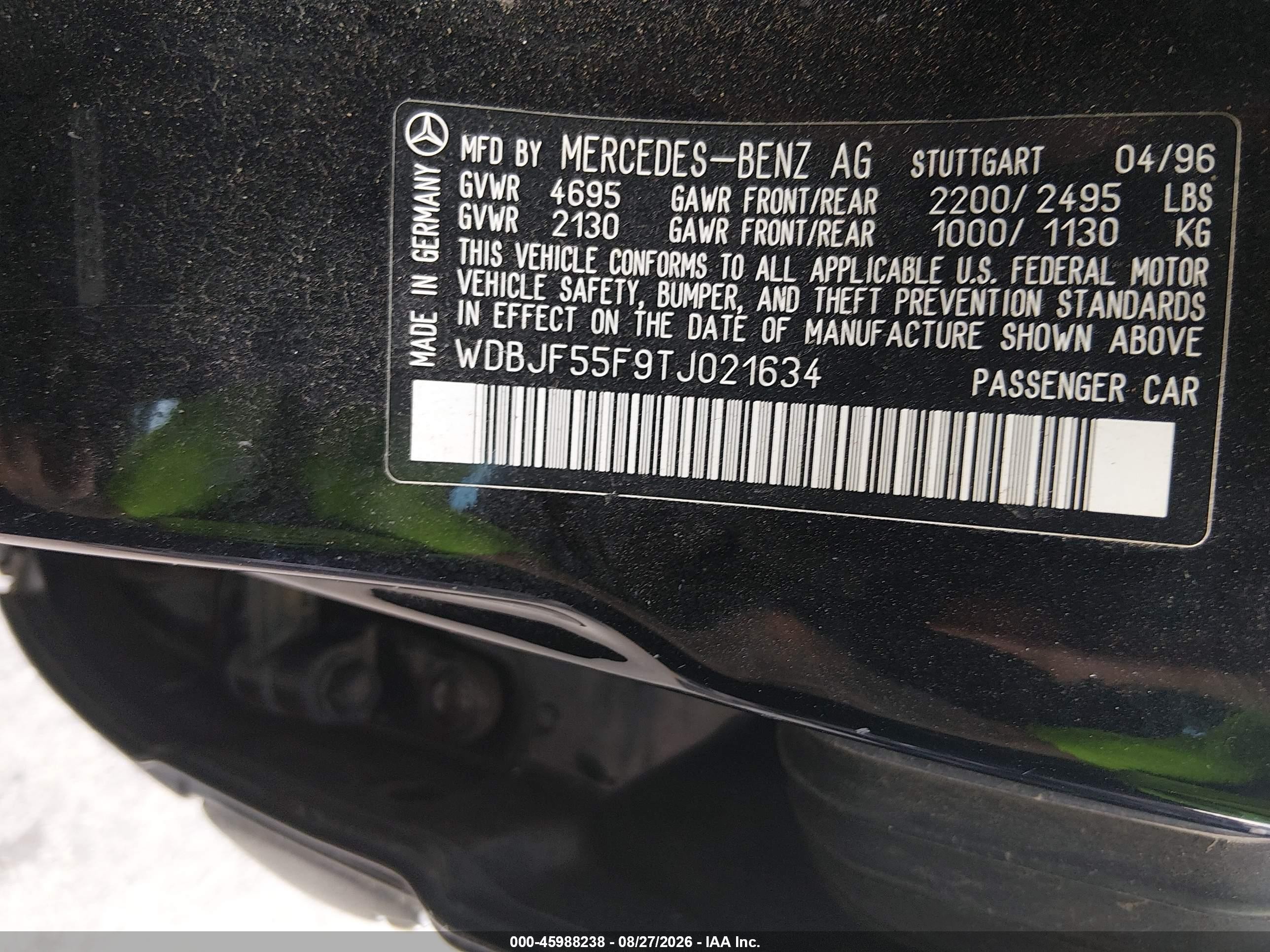 1996 Mercedes-benz E 320 Черный vin: WDBJF55F9TJ021634