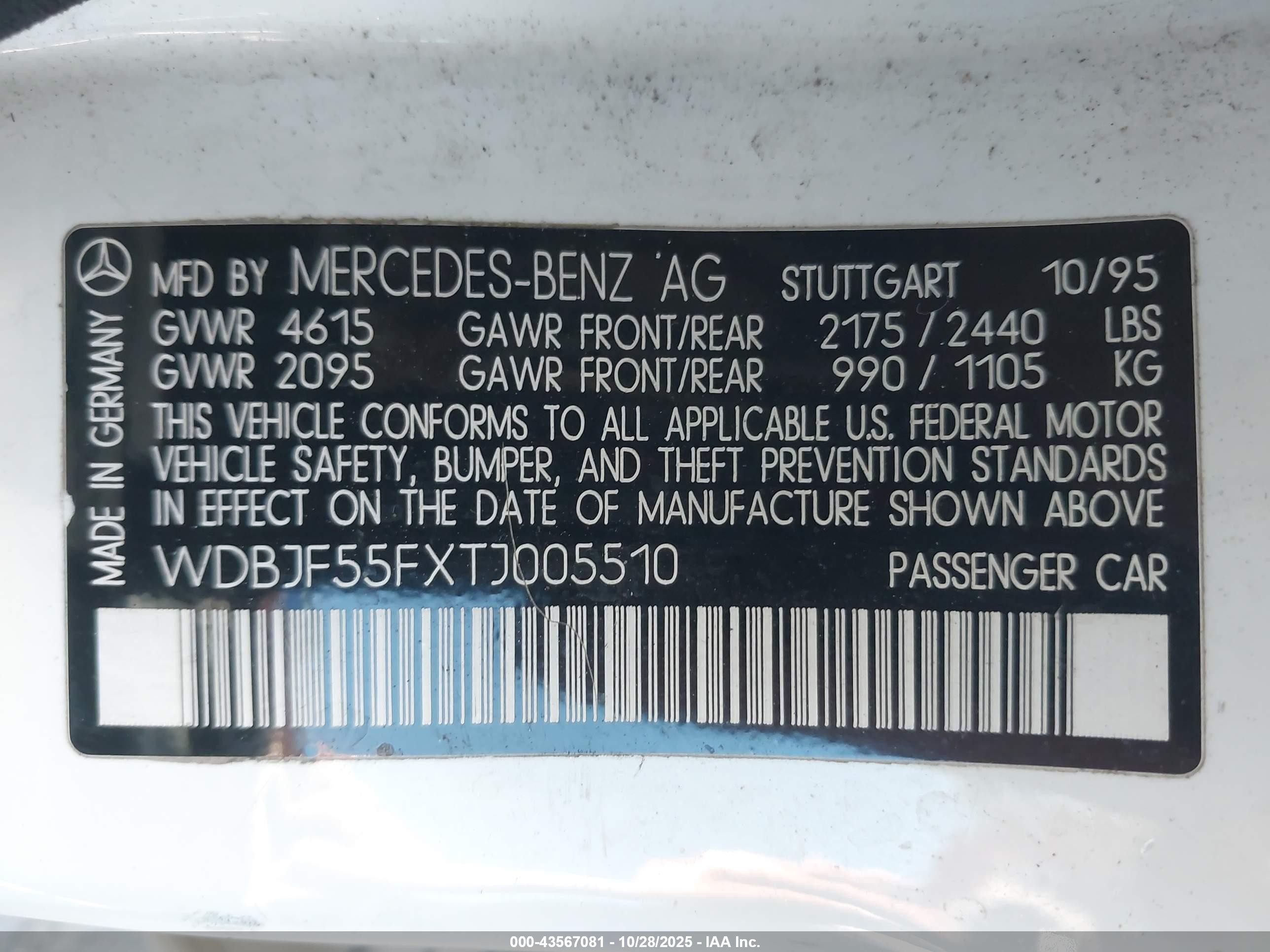 1996 Mercedes-benz E 320 White vin: WDBJF55FXTJ005510