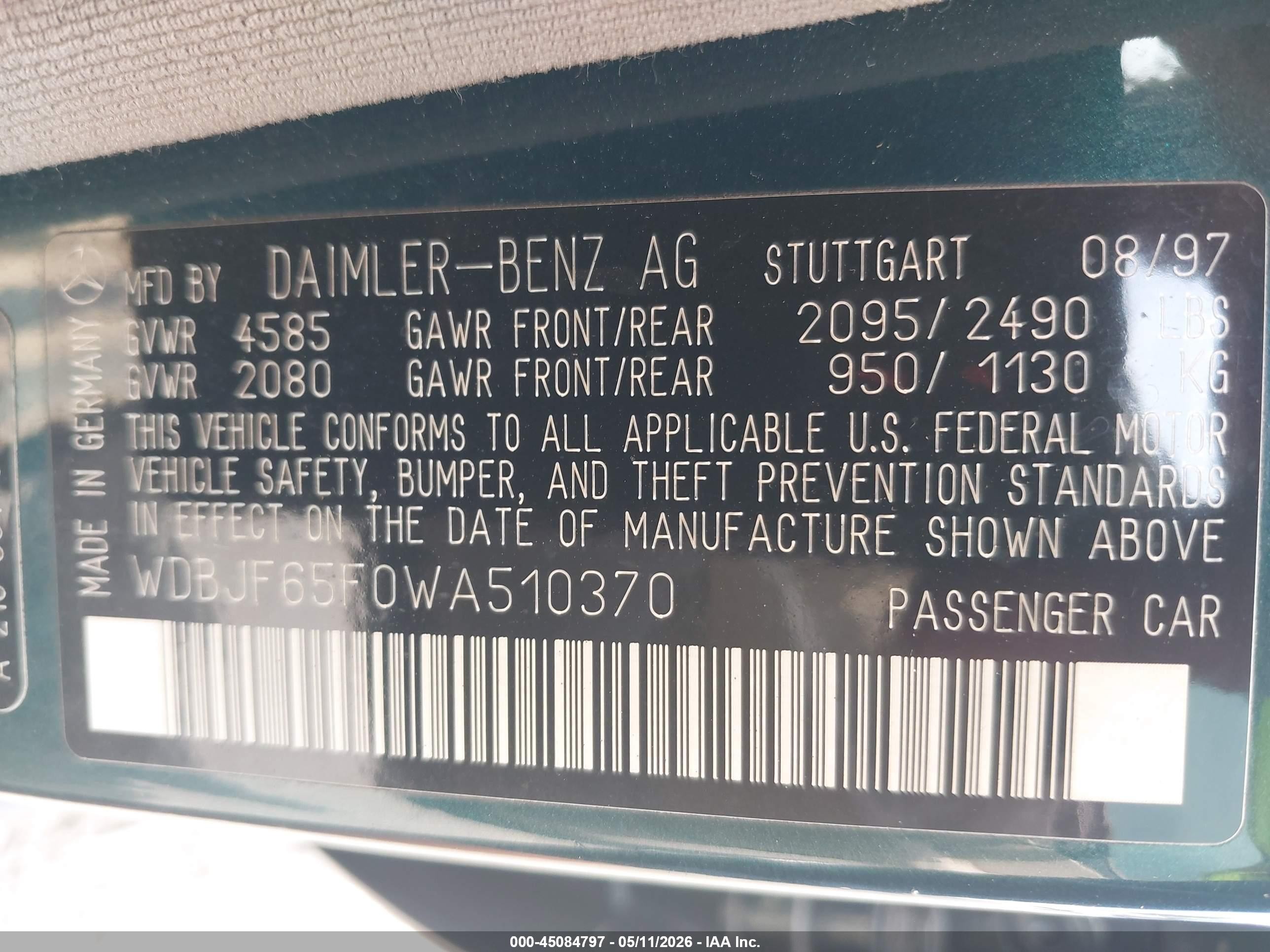 1998 Mercedes-benz E 320   Green vin: WDBJF65F0WA510370