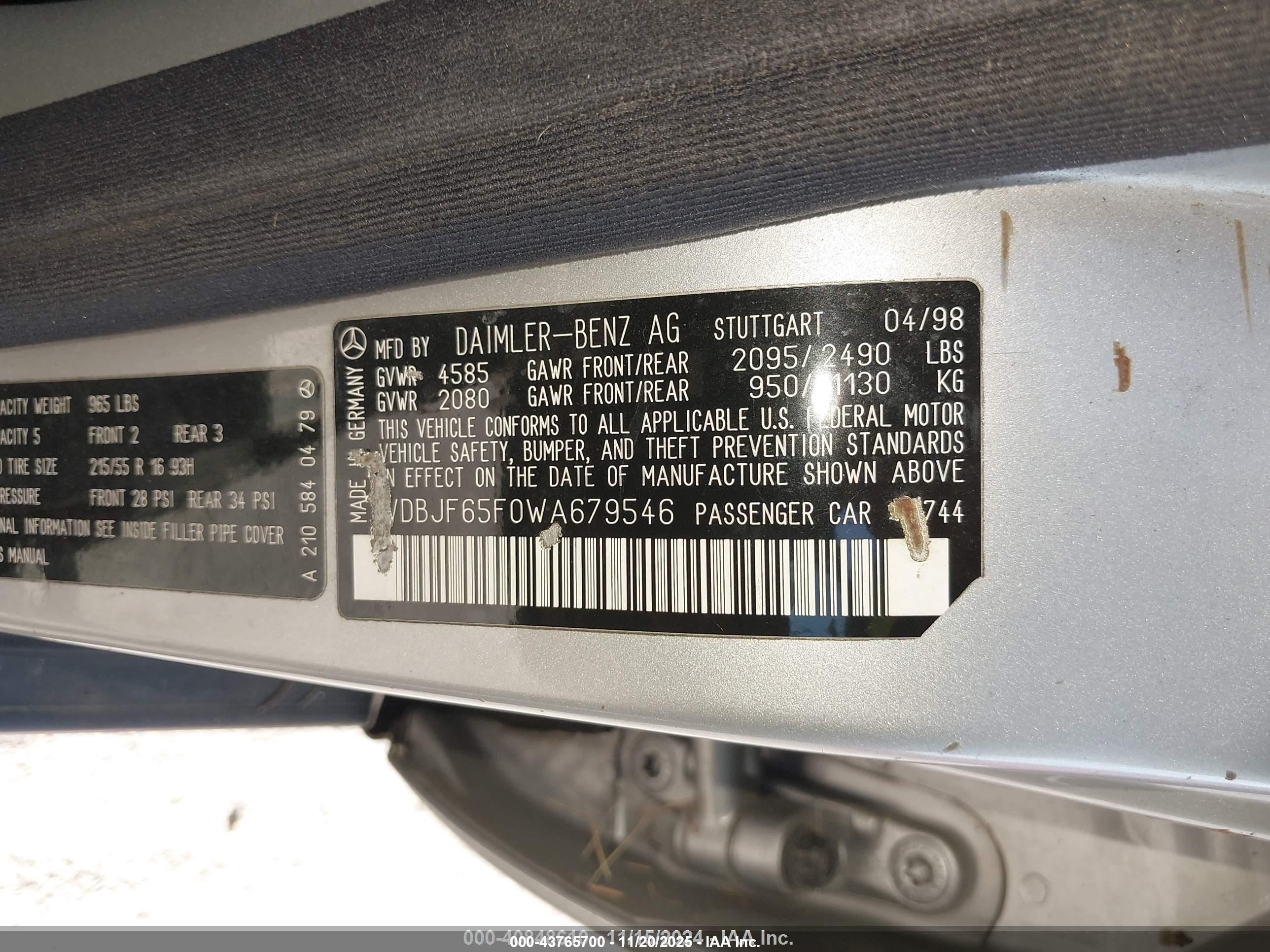 1998 Mercedes-benz E 320   Silver vin: WDBJF65F0WA679546