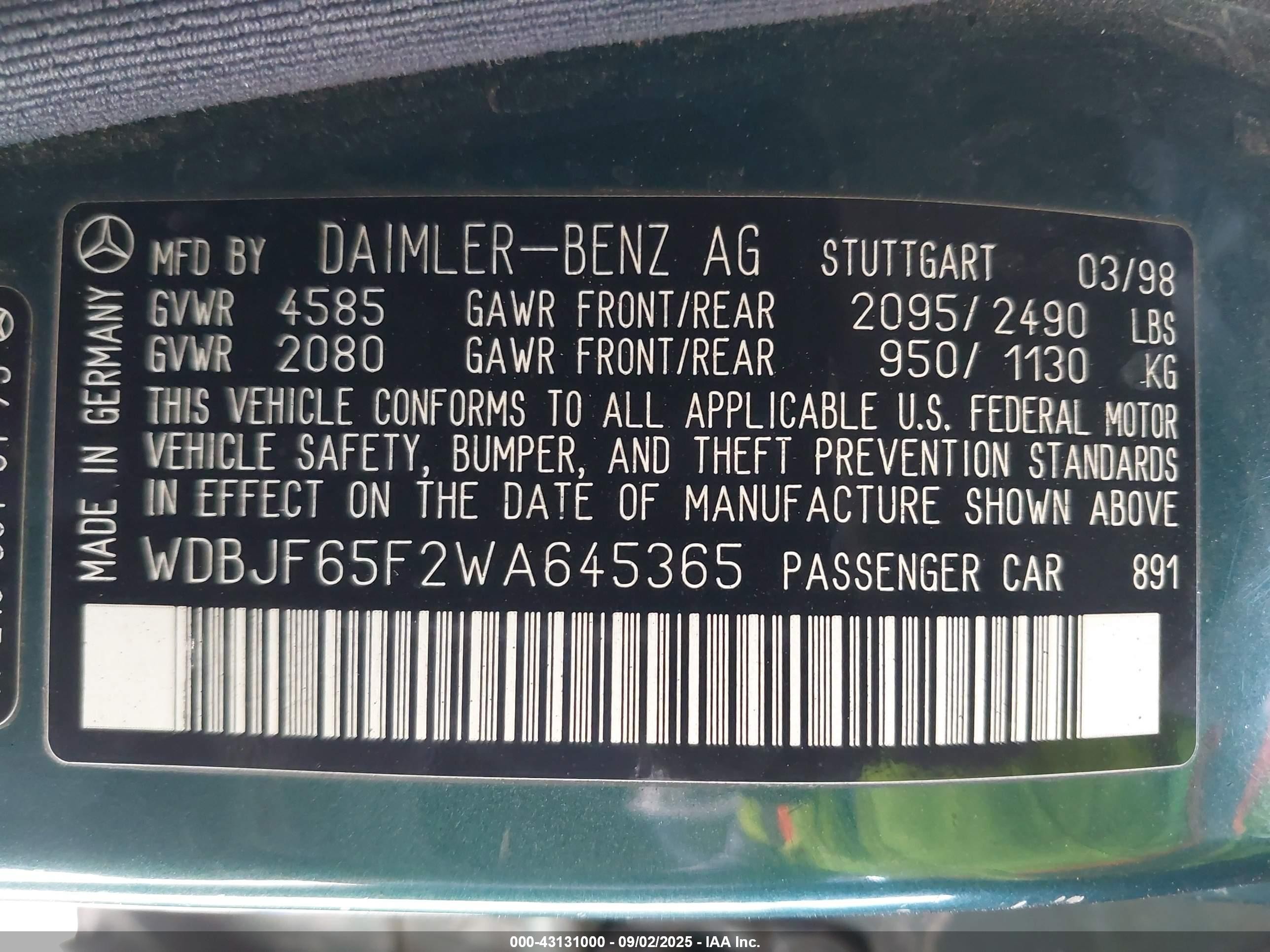 1998 Mercedes-benz E 320   Зеленый vin: WDBJF65F2WA645365