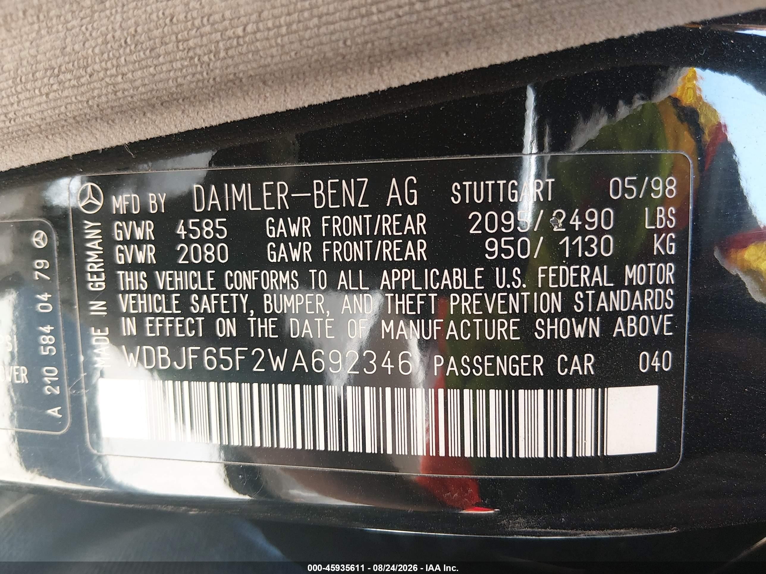 1998 Mercedes-benz E 320   Черный vin: WDBJF65F2WA692346