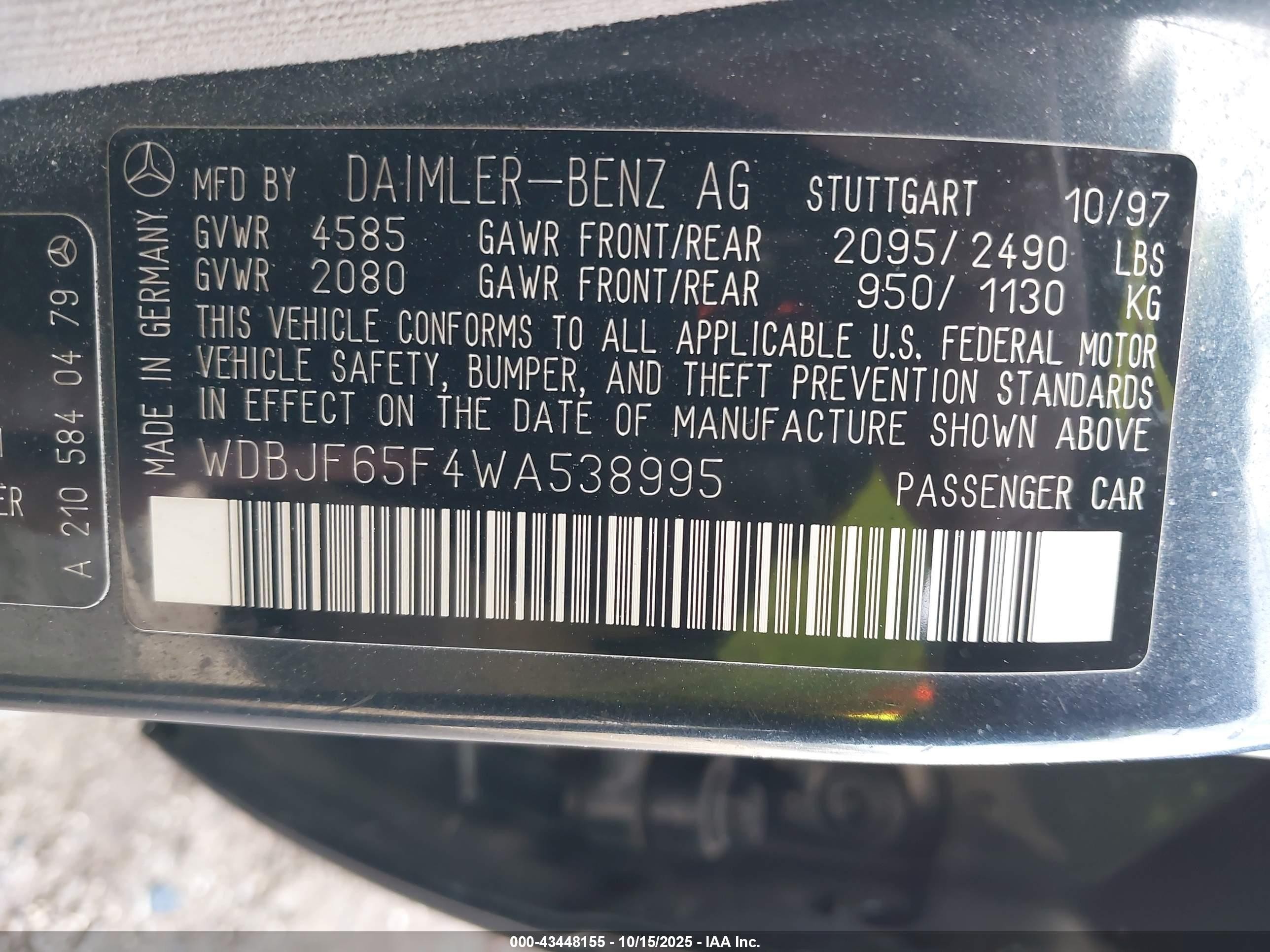 1998 Mercedes-benz E 320   Black vin: WDBJF65F4WA538995