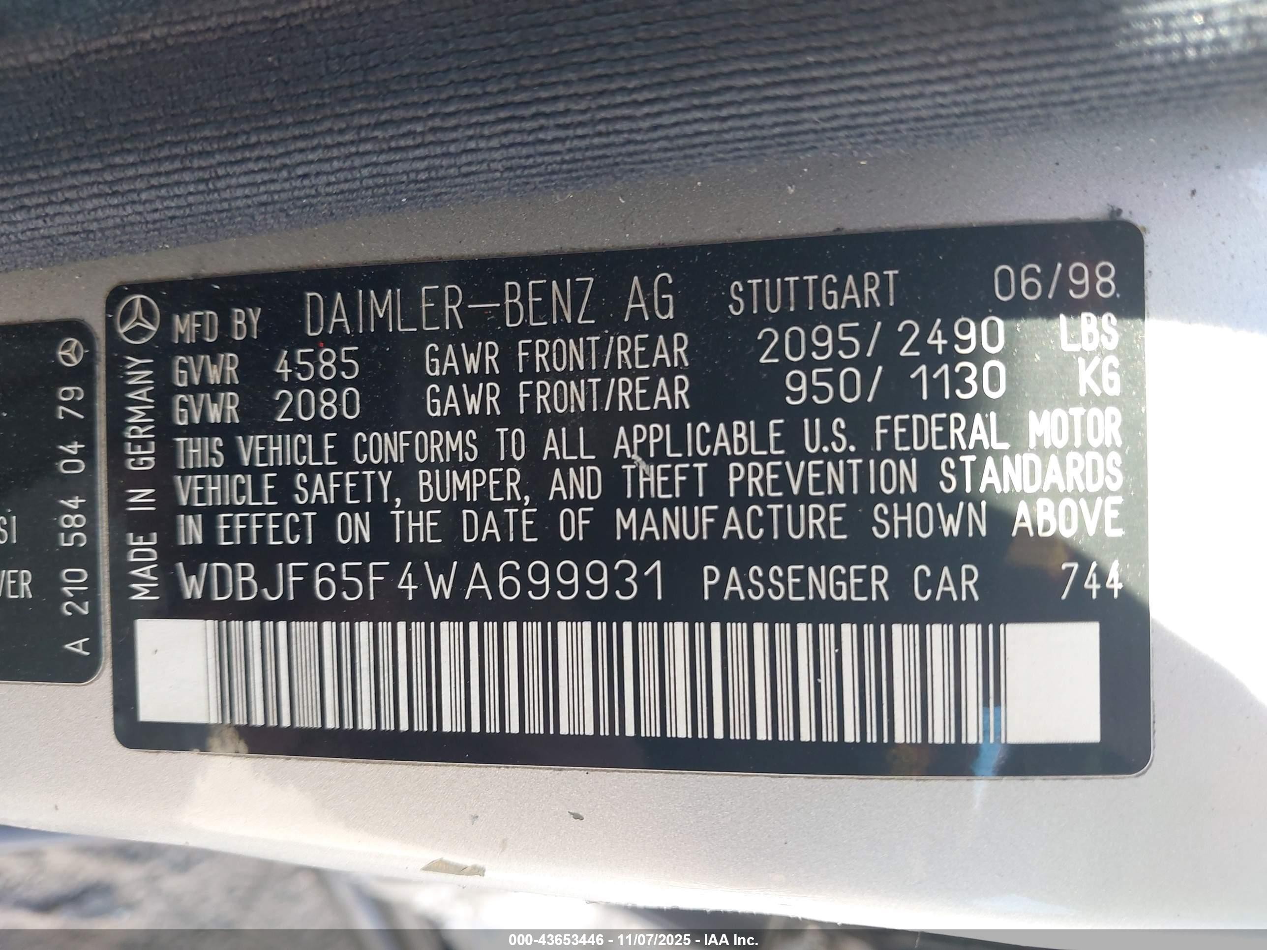 1998 Mercedes-benz E 320   Silver vin: WDBJF65F4WA699931