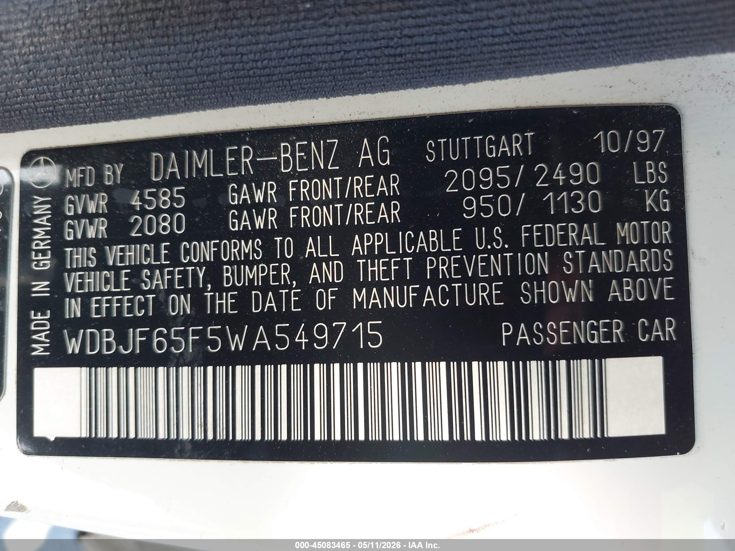 1998 Mercedes-benz E 320   White vin: WDBJF65F5WA549715